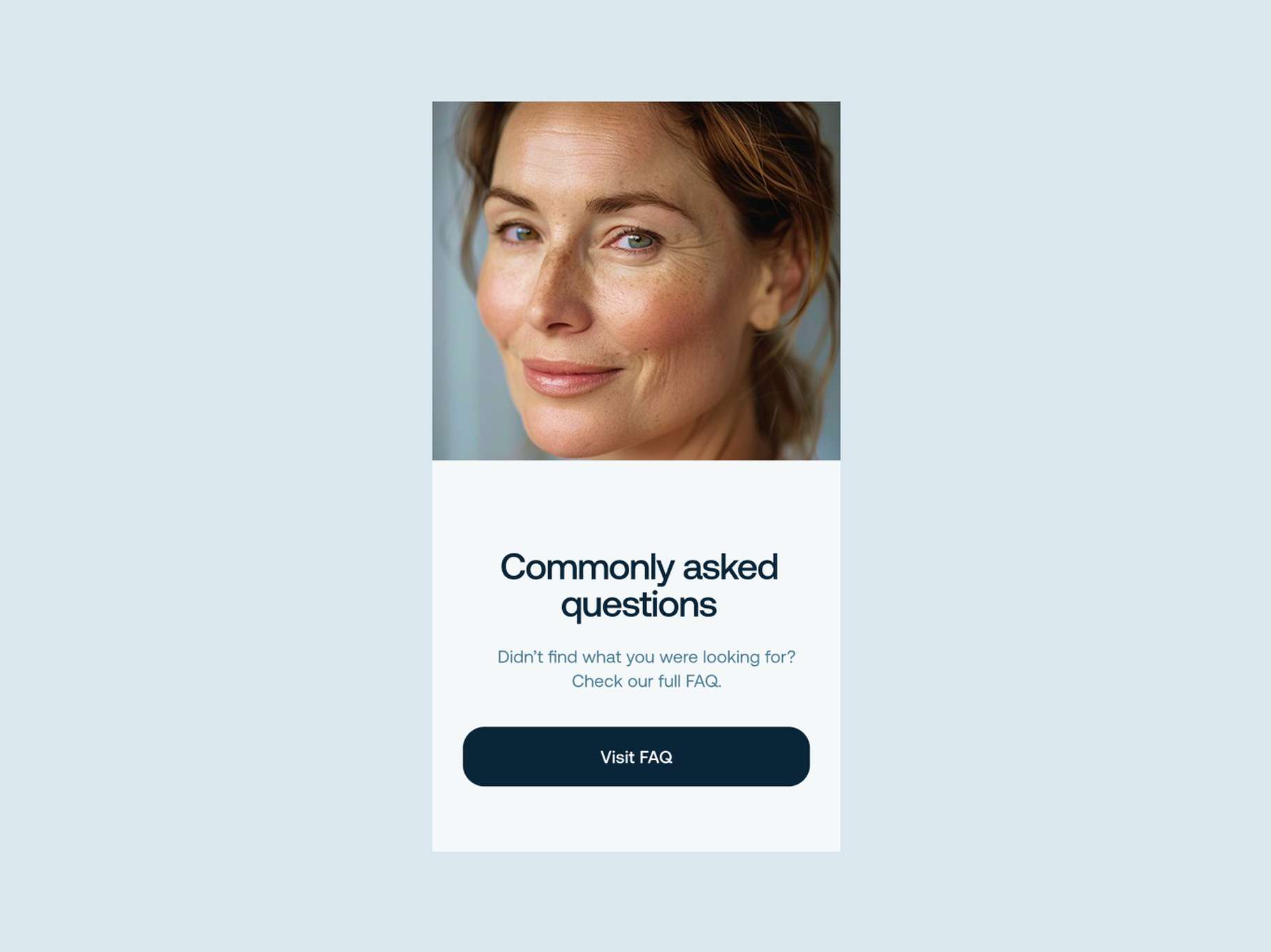 A clean mobile UI layout mockup for an FAQ section, displaying a square portrait of a woman above a white information card with dark blue typography and a rounded action button