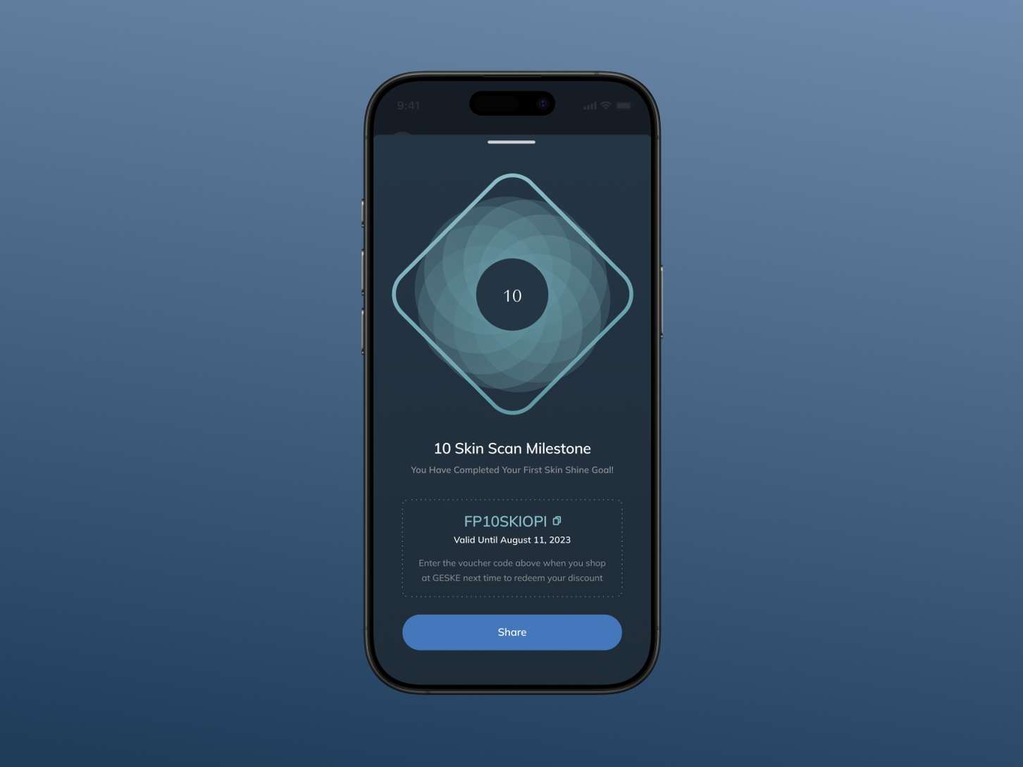 A smartphone UI concept showing a completed skin shine goal celebration page with a prominent reward code box and a stylized geometric badge.