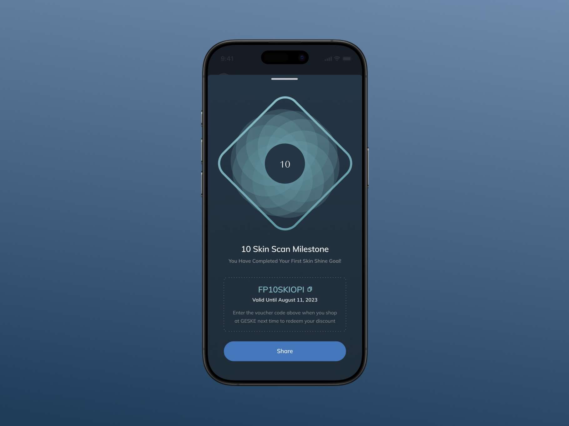 A smartphone UI concept showing a completed skin shine goal celebration page with a prominent reward code box and a stylized geometric badge.