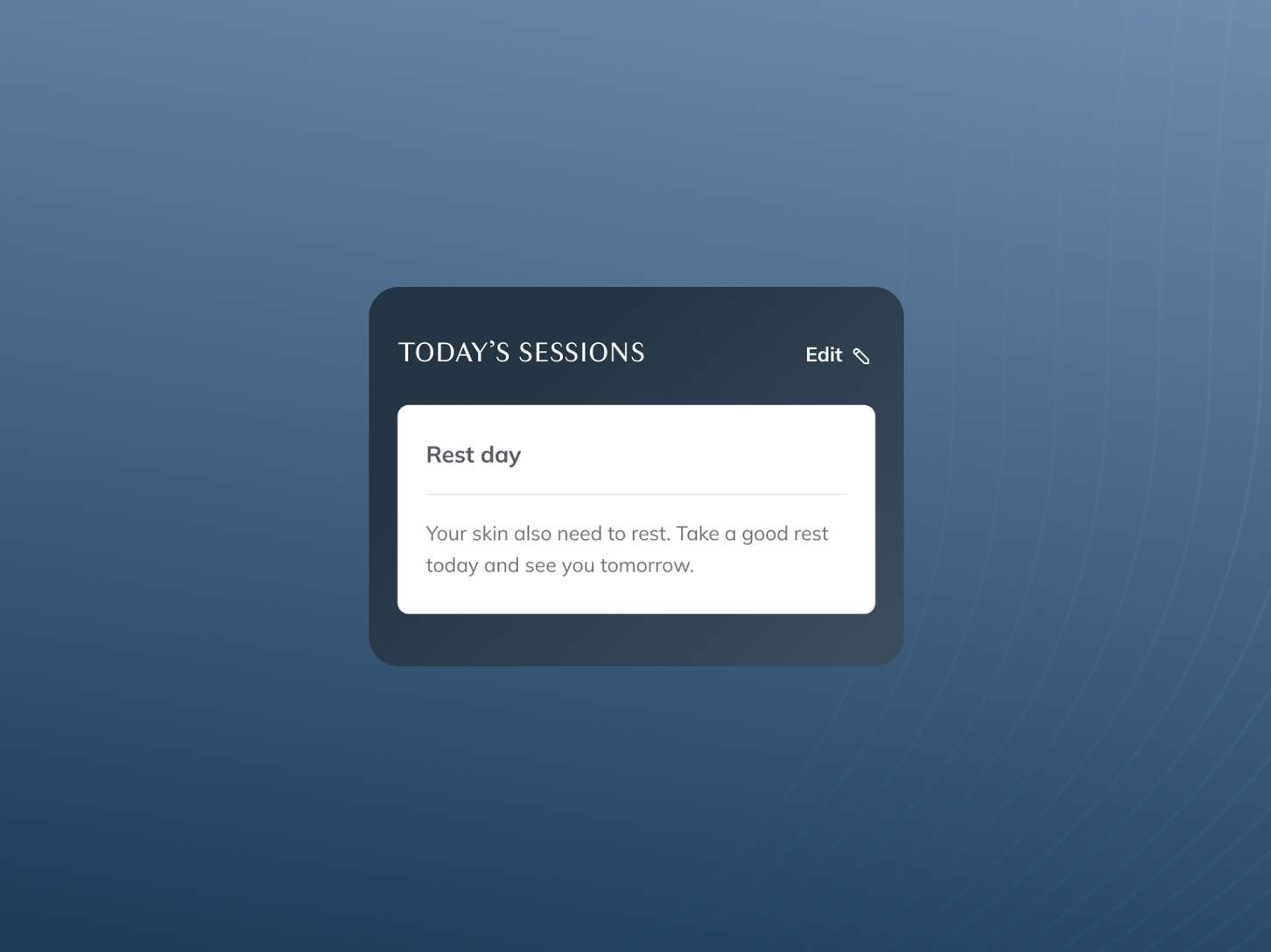 A simple pop-up UI component for a daily routine application communicating a scheduled skincare rest break day.