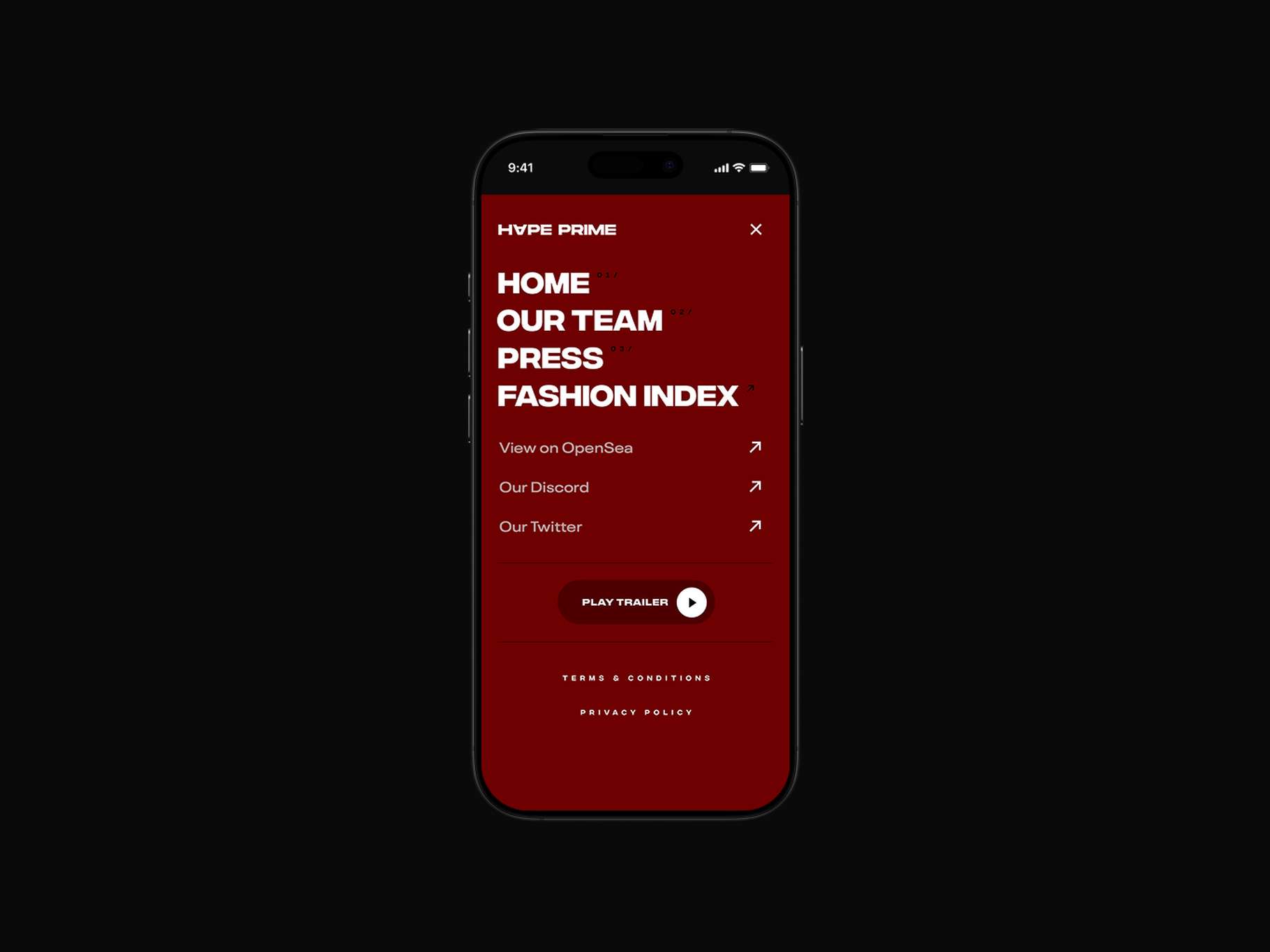 Smartphone screen displaying the Hype Prime menu in red, featuring sections like Home, Our Team, Press, Fashion Index, and links to OpenSea, Discord, and Twitter.