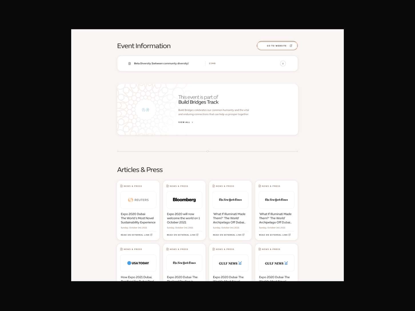 An event information sub-page layout highlighting document download sections, integrated program track branding, and an external media coverage link grid.
