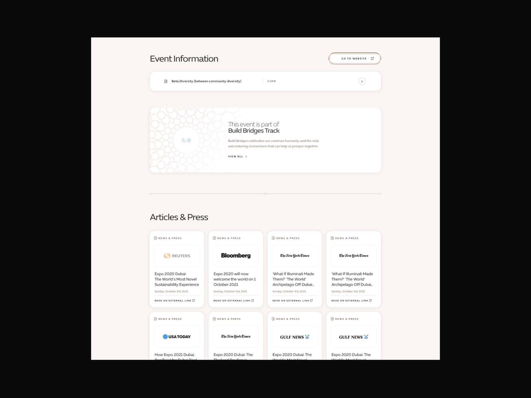 An event information sub-page layout highlighting document download sections, integrated program track branding, and an external media coverage link grid.
