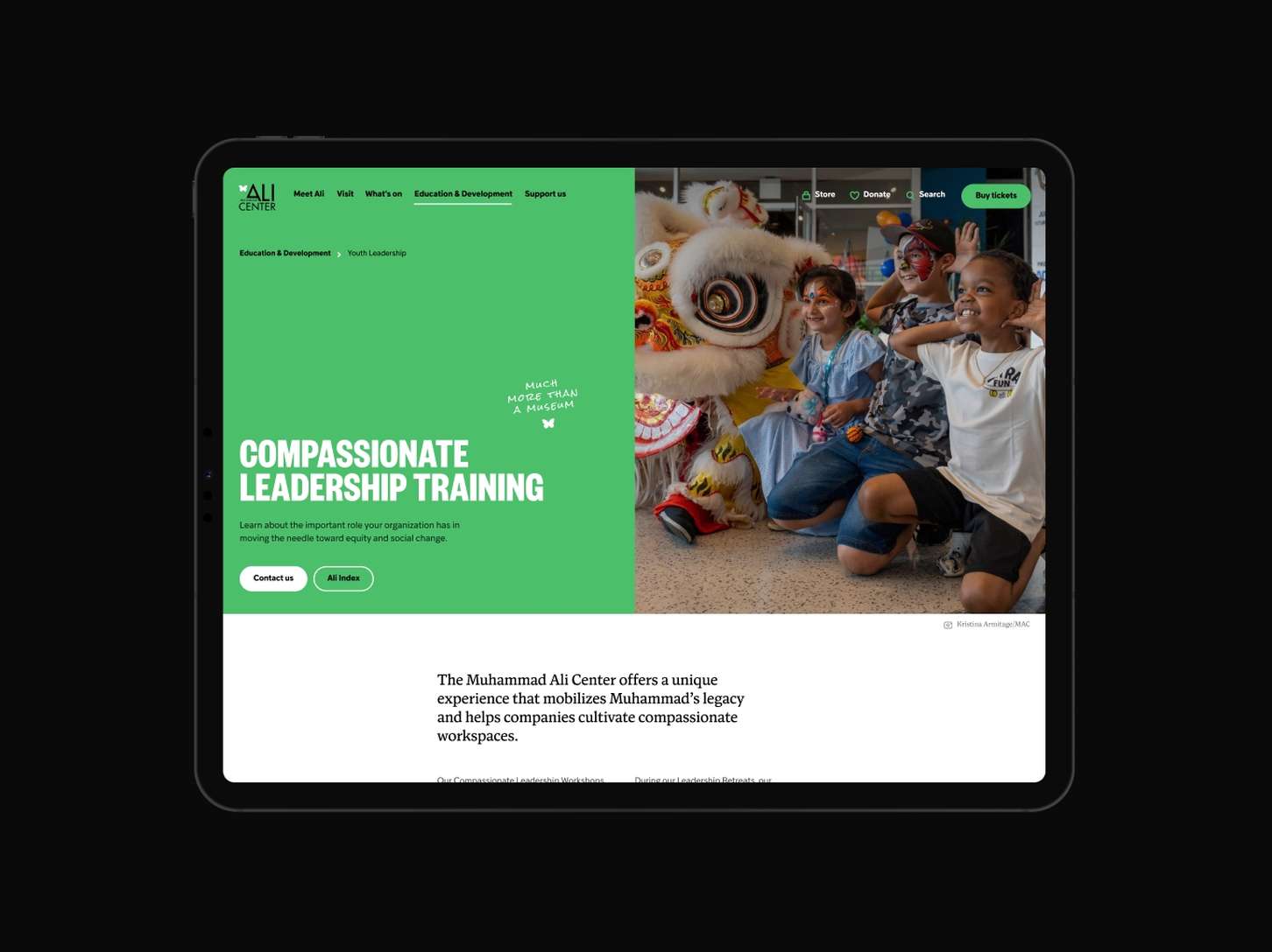 Website section mockup for an educational program, demonstrating a balanced asymmetric header with descriptive action buttons and a photo grid accent.