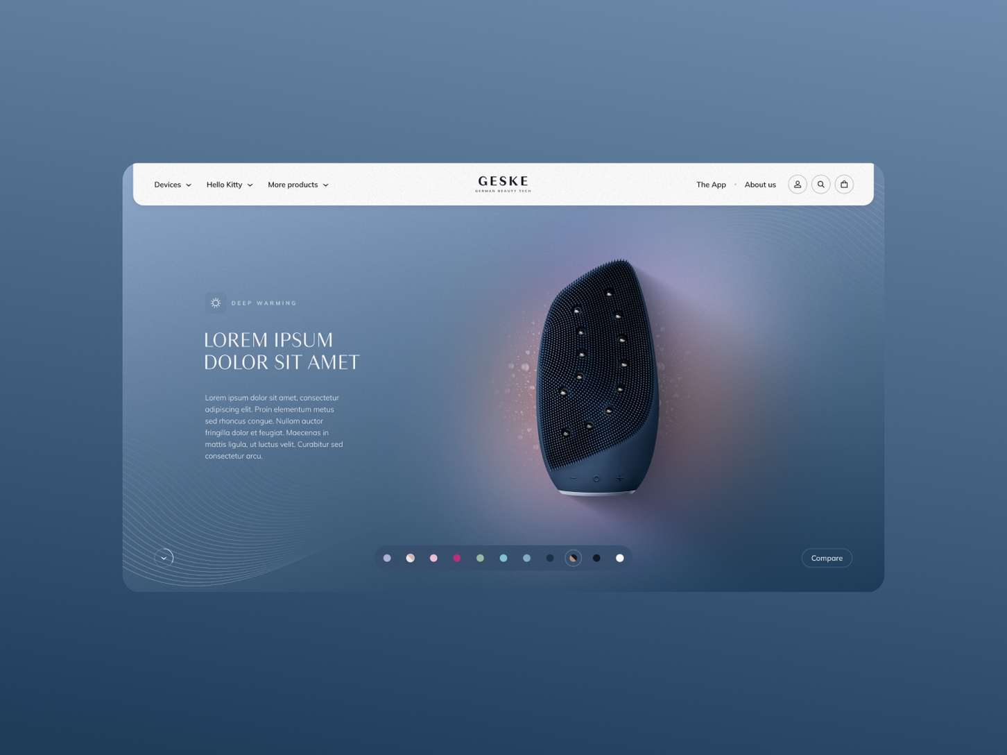 A premium beauty tech landing page concept featuring an ergonomic dark blue skin massager tool highlighted by soft backlighting and a multi-color selection bar at the bottom.