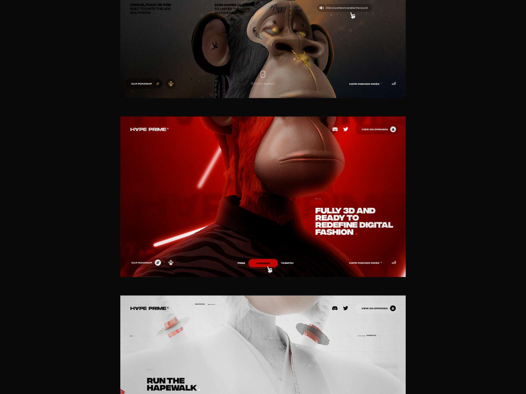 A multi-panel UI layout mockup showing the color palette transitions of a website design, shifting dynamically from dark charcoal to intense red and clean white-grey blocks.