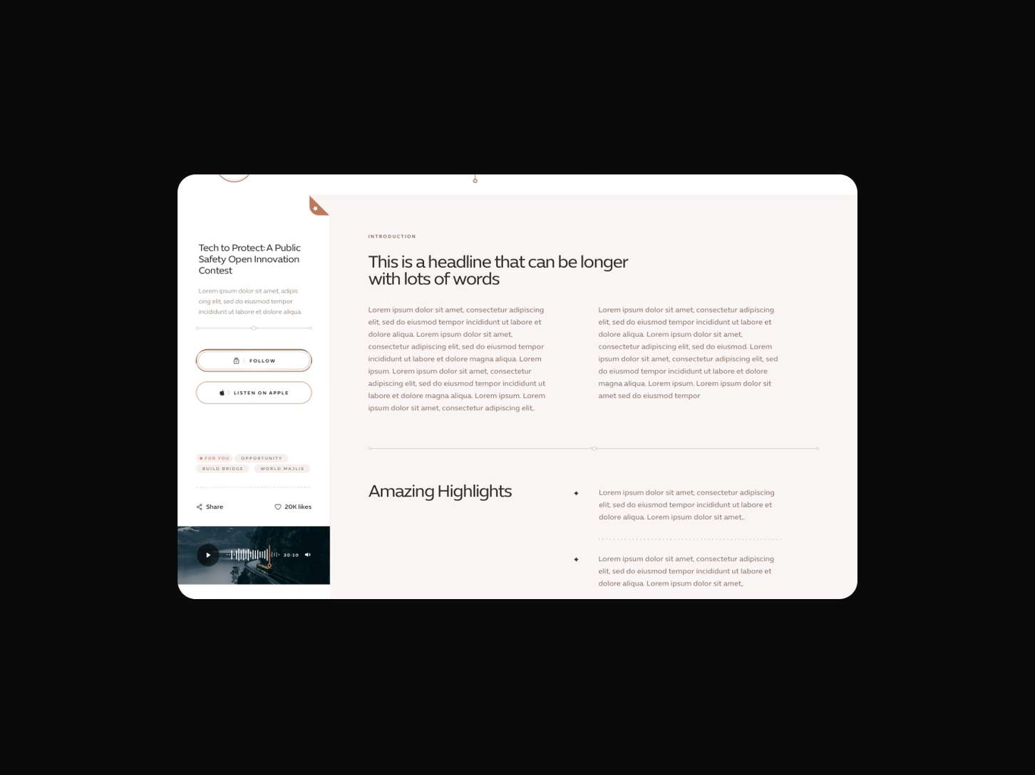 An online article UI concept combining cross-platform audio distribution button placements with long-form text column variations.