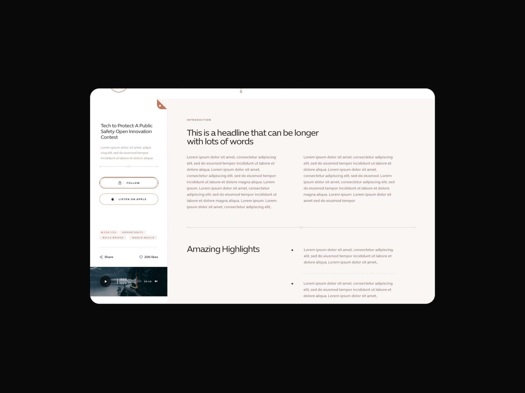 An online article UI concept combining cross-platform audio distribution button placements with long-form text column variations.