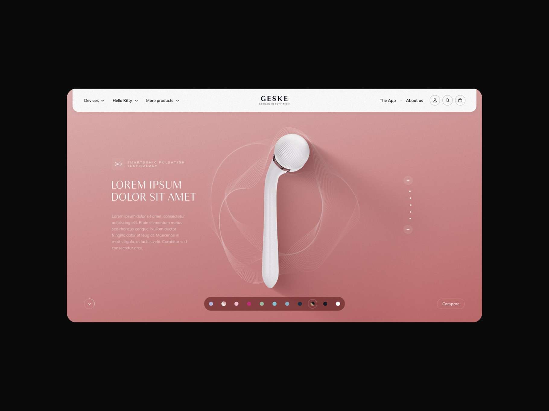 A minimalist cosmetic product landing page layout showcasing a white skincare tool centered against a dusty rose background with a color-selection carousel at the bottom.
