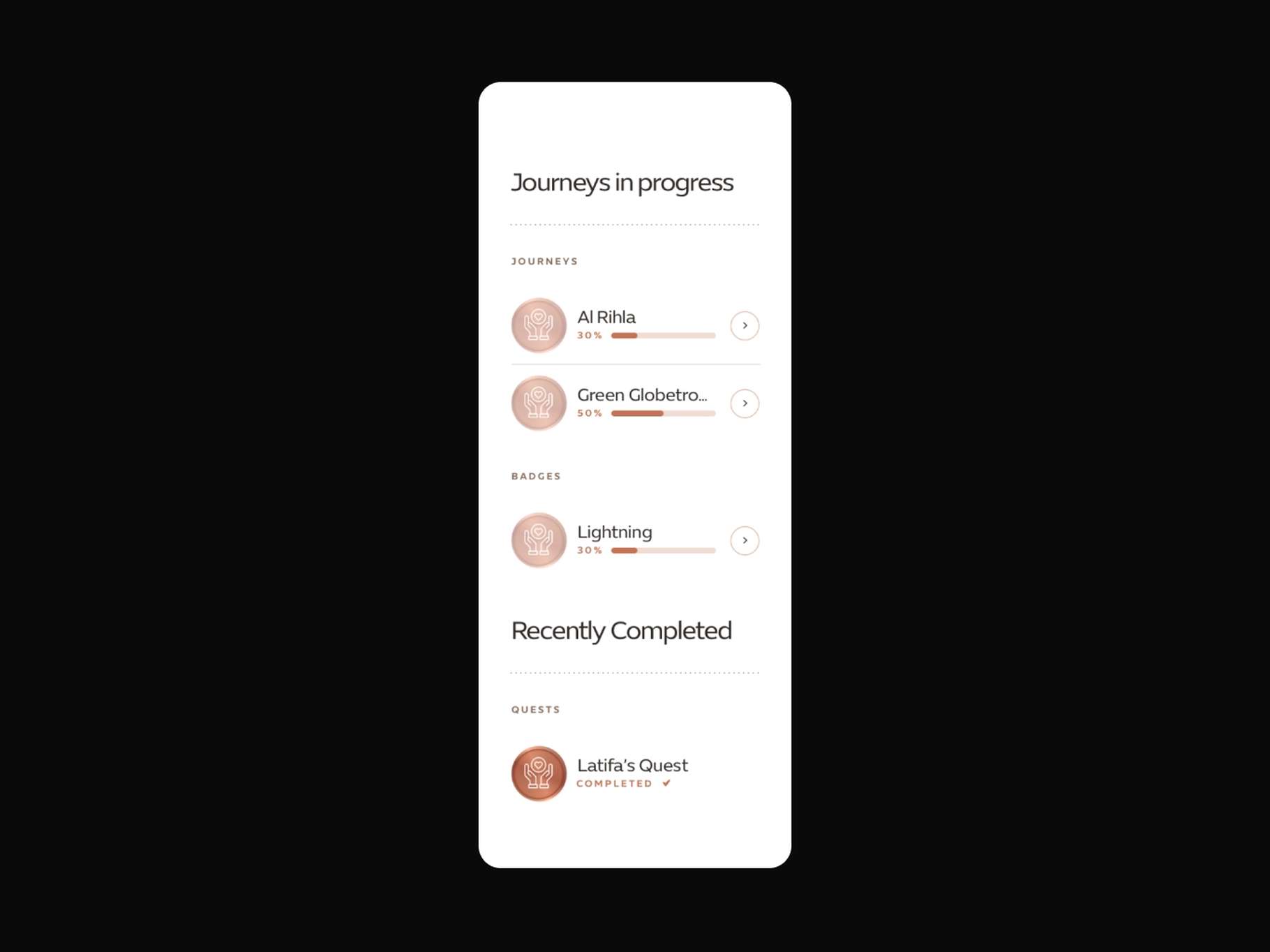 A clean mobile smartphone wireframe flow highlighting an active user achievements panel, circular progress icons, and simple list item dividers.