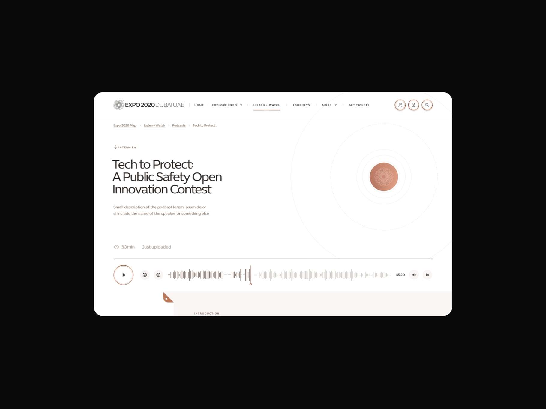 A full-width web media player component design highlighting a clean audio streaming layout, contextual waveforms, and track metadata displays.