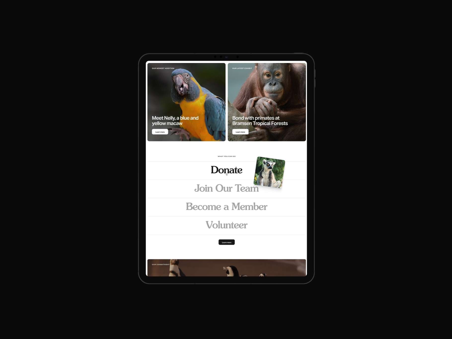 Modern nonprofit or institutional landing page mockup on a tablet frame, showcasing split image headers and a minimalist, bold typographic link list section.