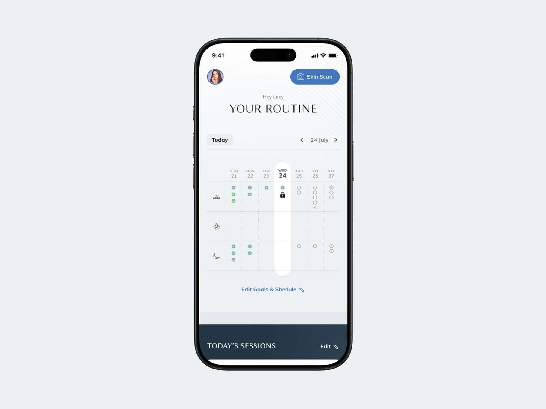 A mobile application layout depicting a comprehensive seven-day habit tracking matrix tailored for customized daily beauty and wellness routines.