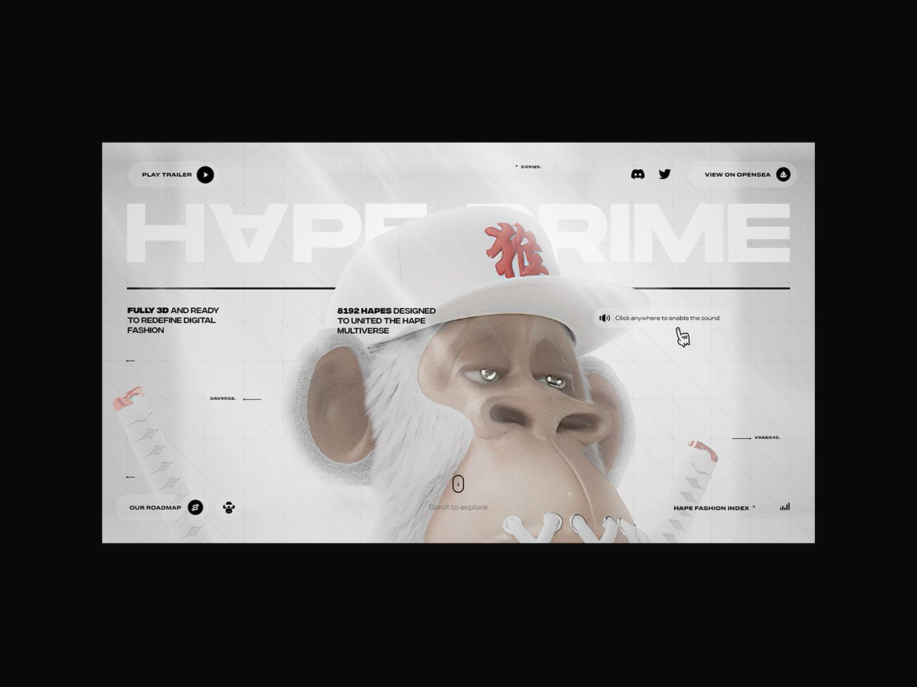 Minimalist light-mode UI mockup displaying a central white 3D ape character, technical background line grids, and peripheral interactive button labels.