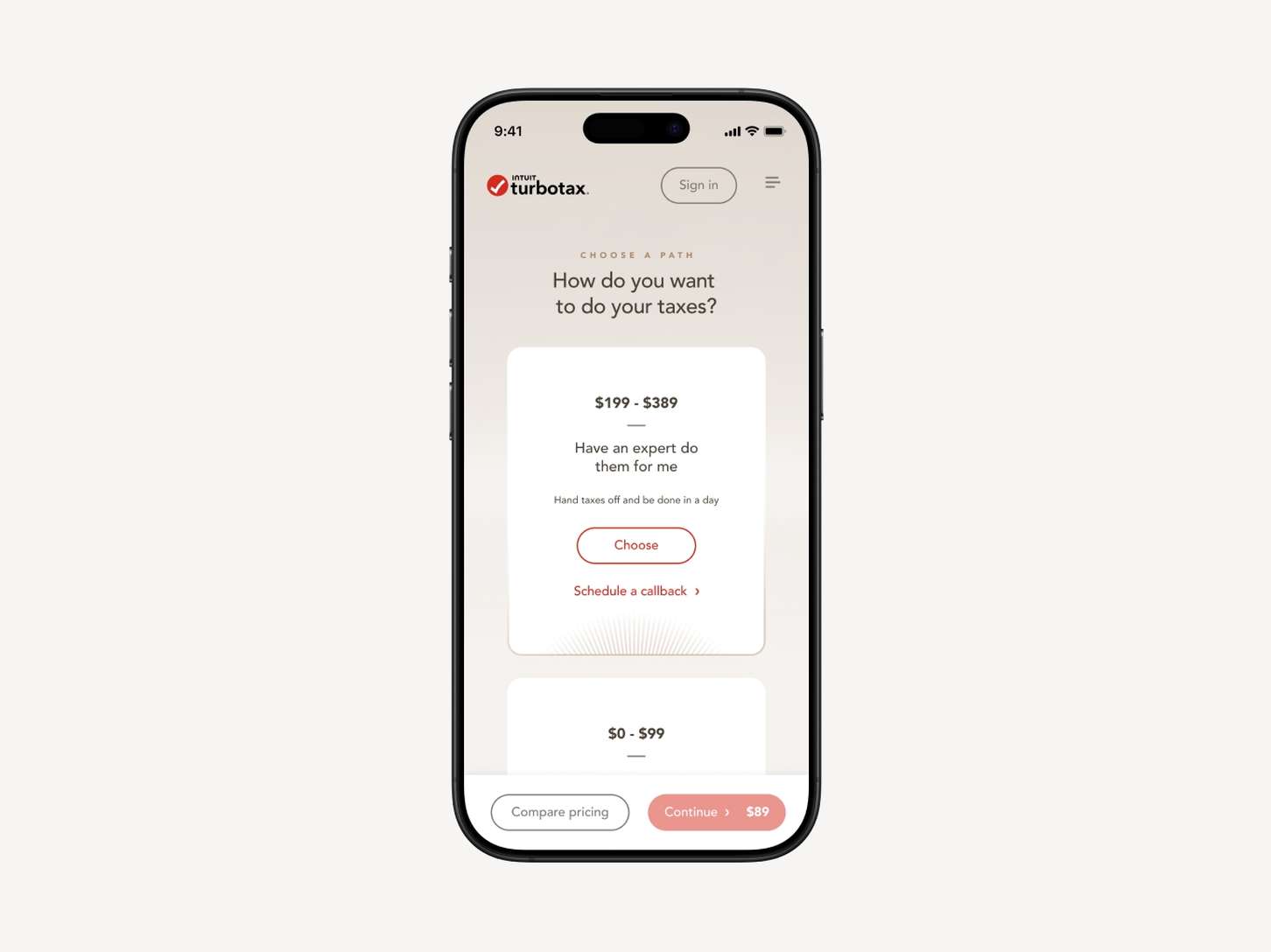A mobile application interface design showing a stacked card carousel layout for choosing service options.