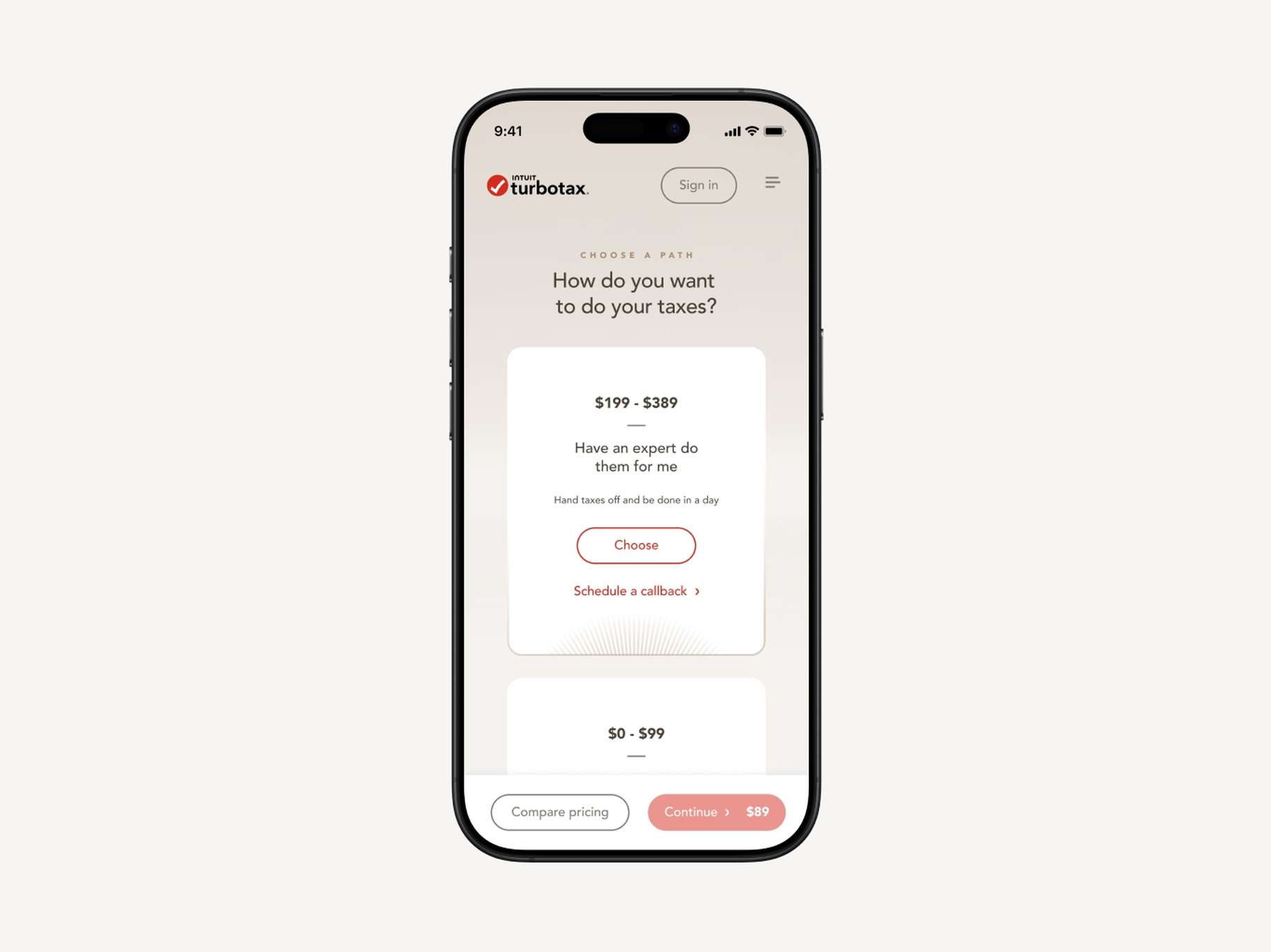 A mobile application interface design showing a stacked card carousel layout for choosing service options.