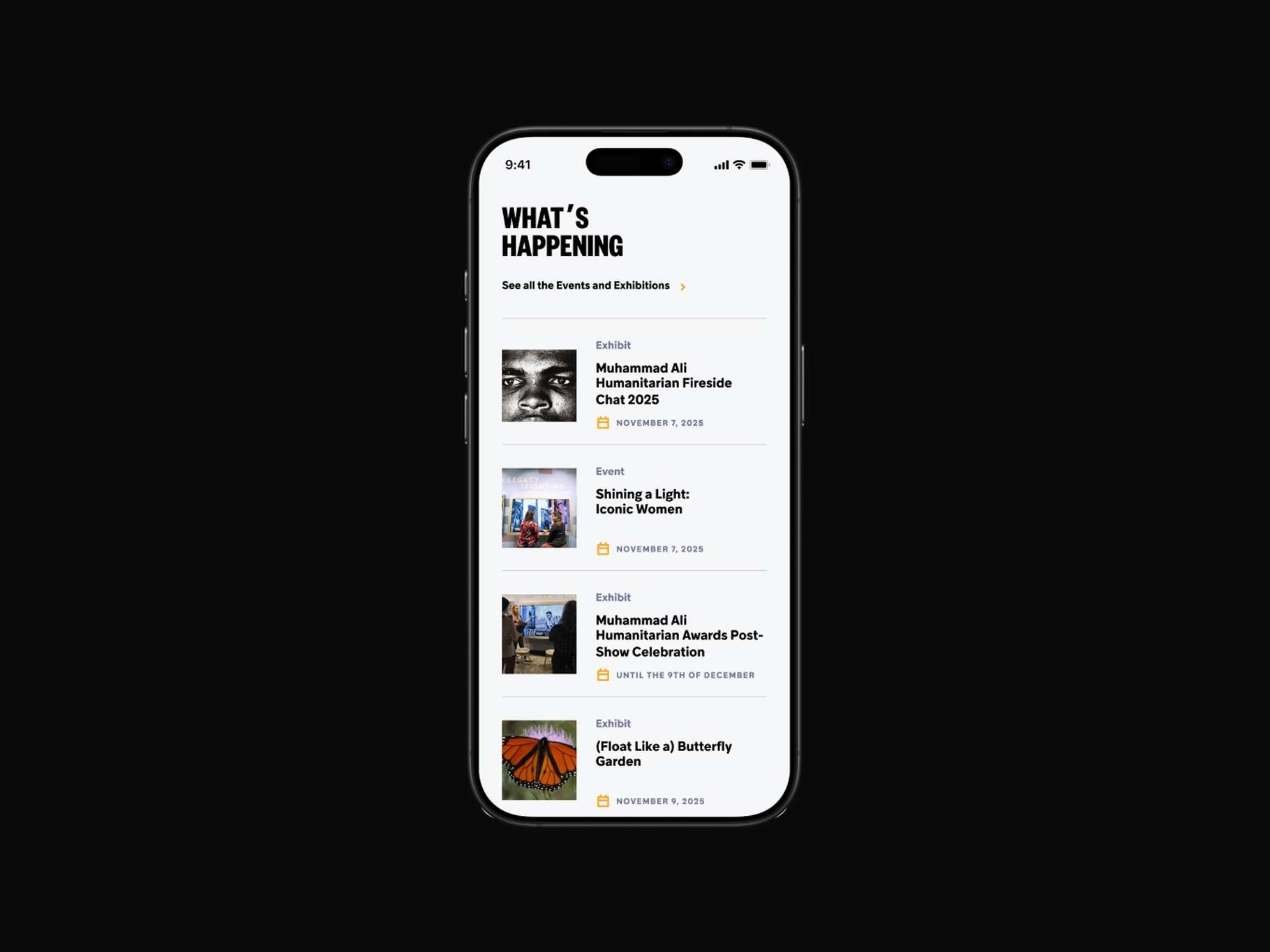 Smartphone UI screen showcasing a clean, text-driven mobile events directory list with crisp list styling and high-contrast typography headings.