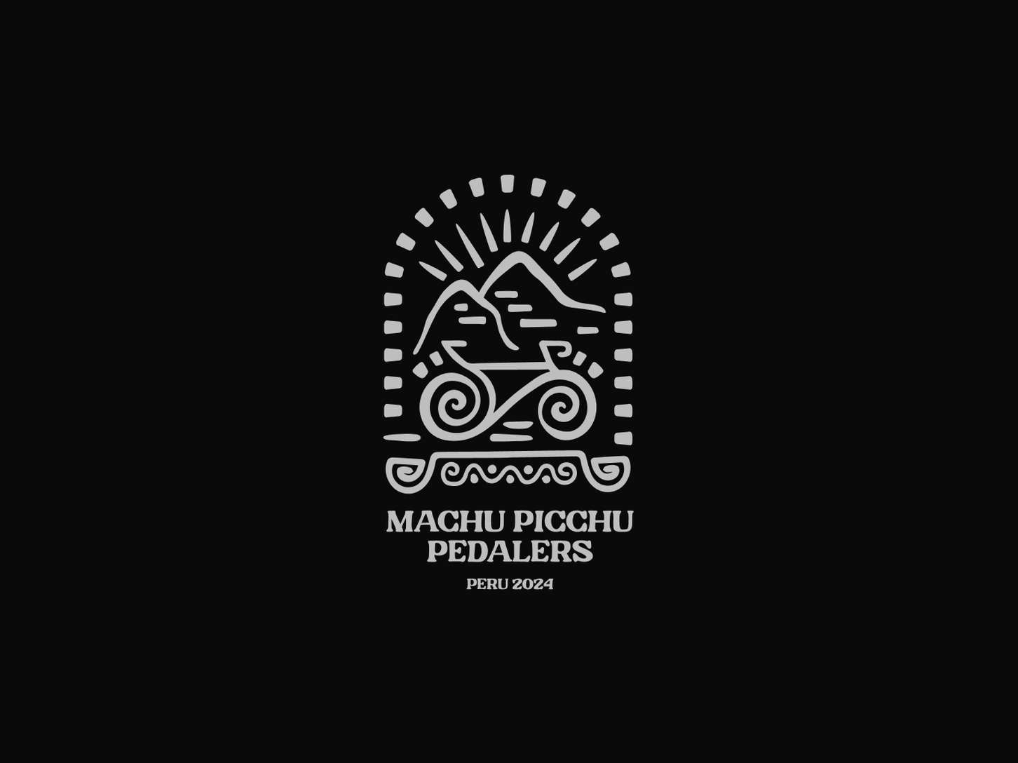 Minimalist line-art travel logo variant showcasing a custom geometric bicycle illustration and mountain landscape crest for a cycling club.