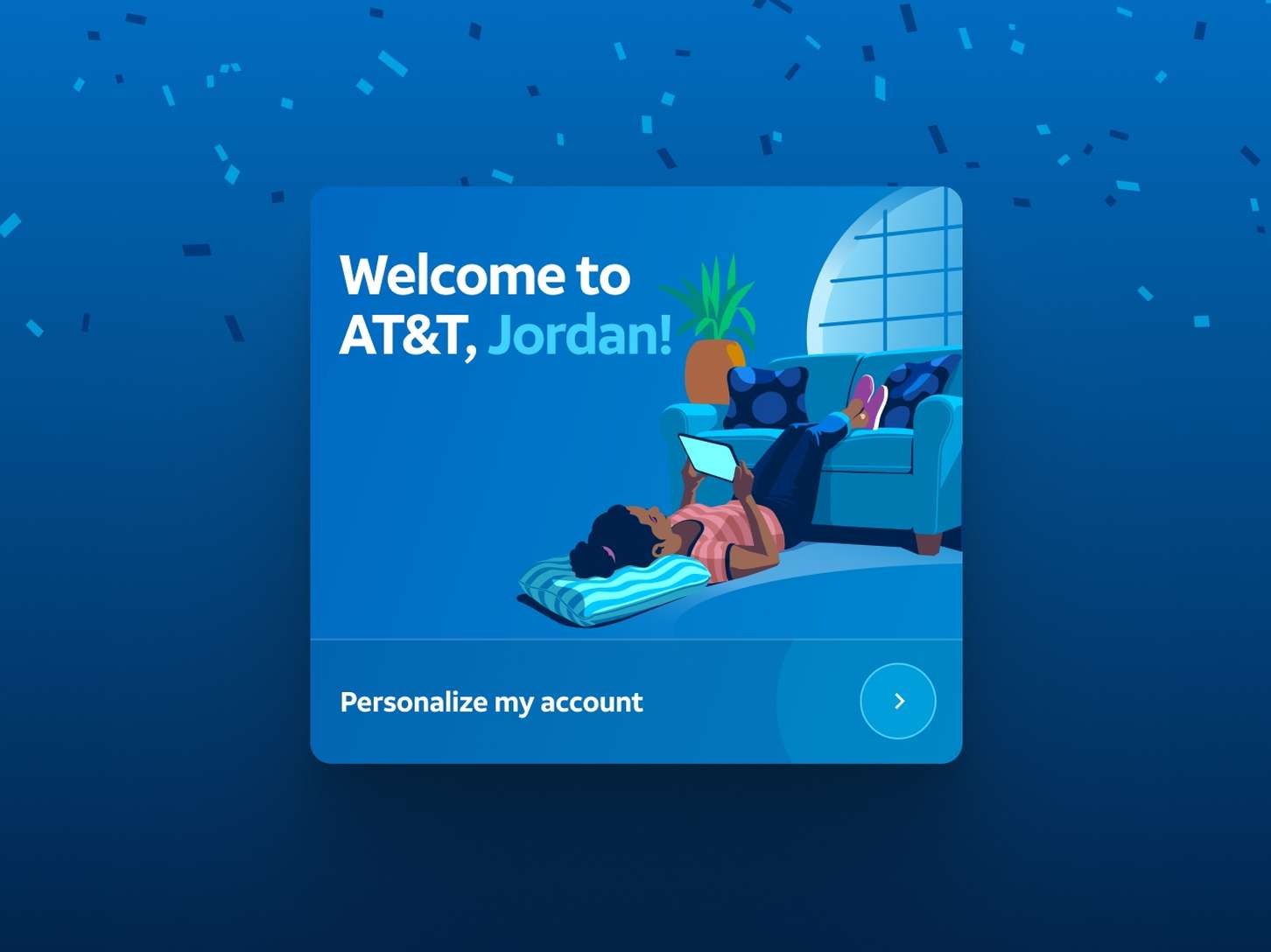 A personalized web graphic card component showcasing vector editorial illustration style and an interactive navigation button block.