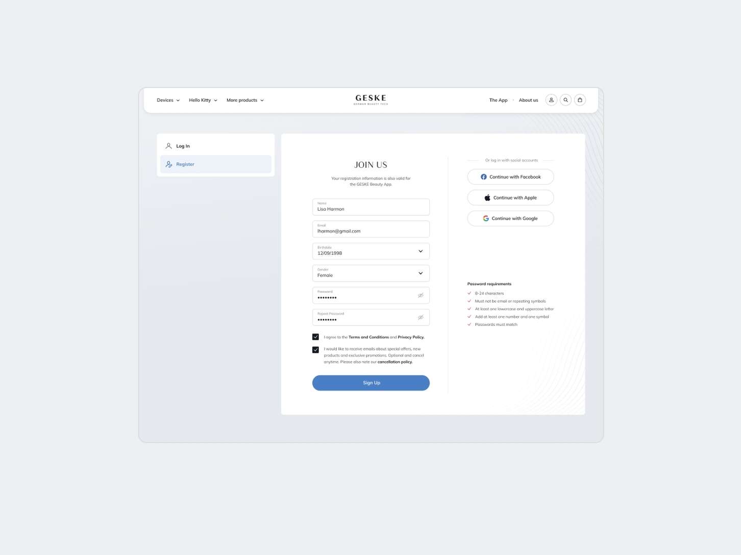A desktop web design layout for a user sign-up portal featuring a form submission card and third-party alternative authentication buttons.