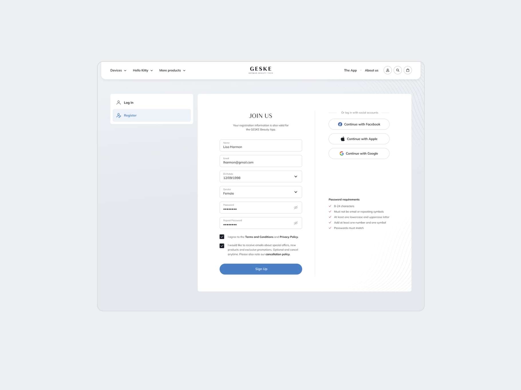 A desktop web design layout for a user sign-up portal featuring a form submission card and third-party alternative authentication buttons.