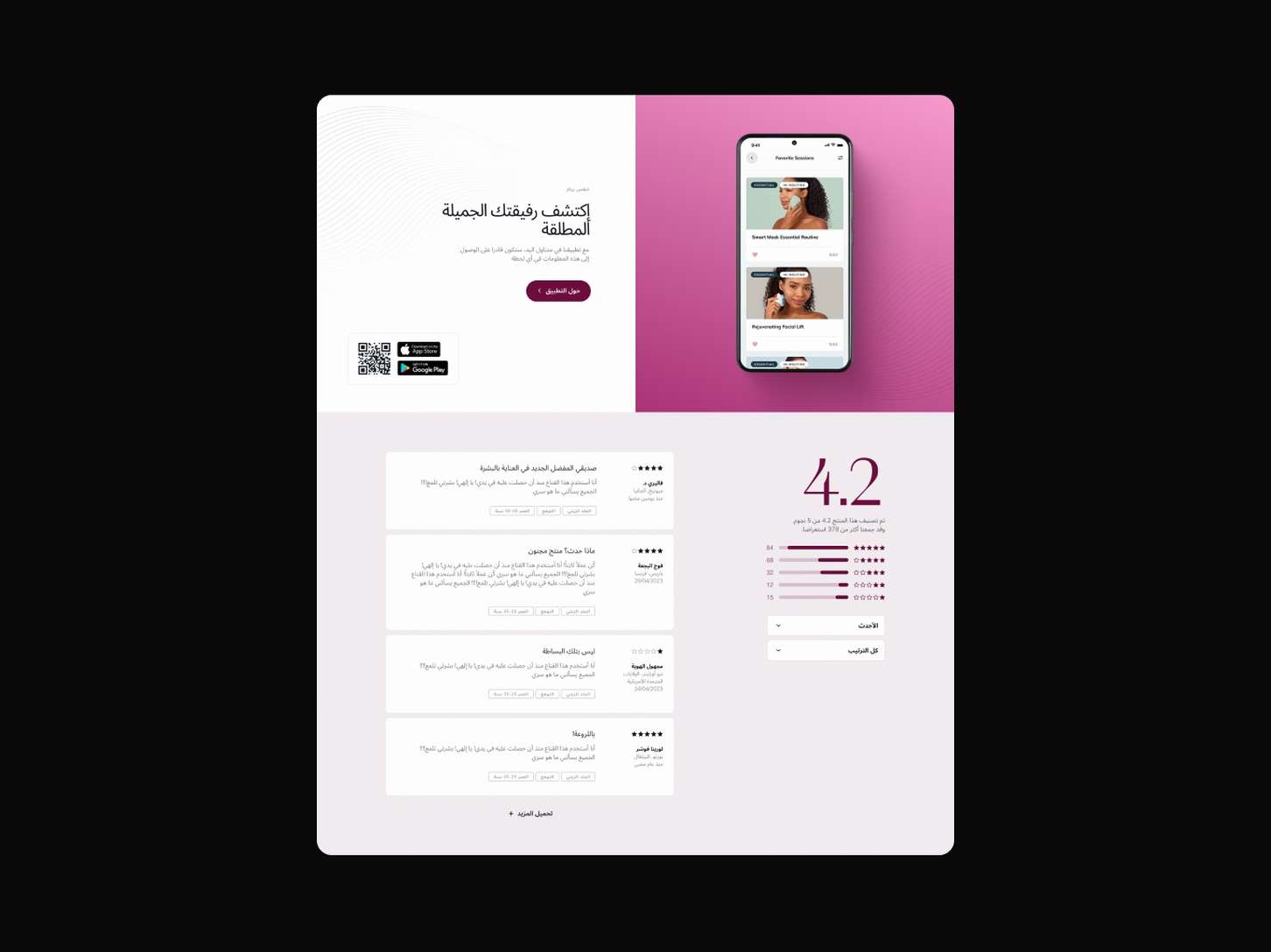 A web user interface layout detailing product testimonials and a 4.2-star rating analysis breakdown page with an integrated mobile app UI mockup.