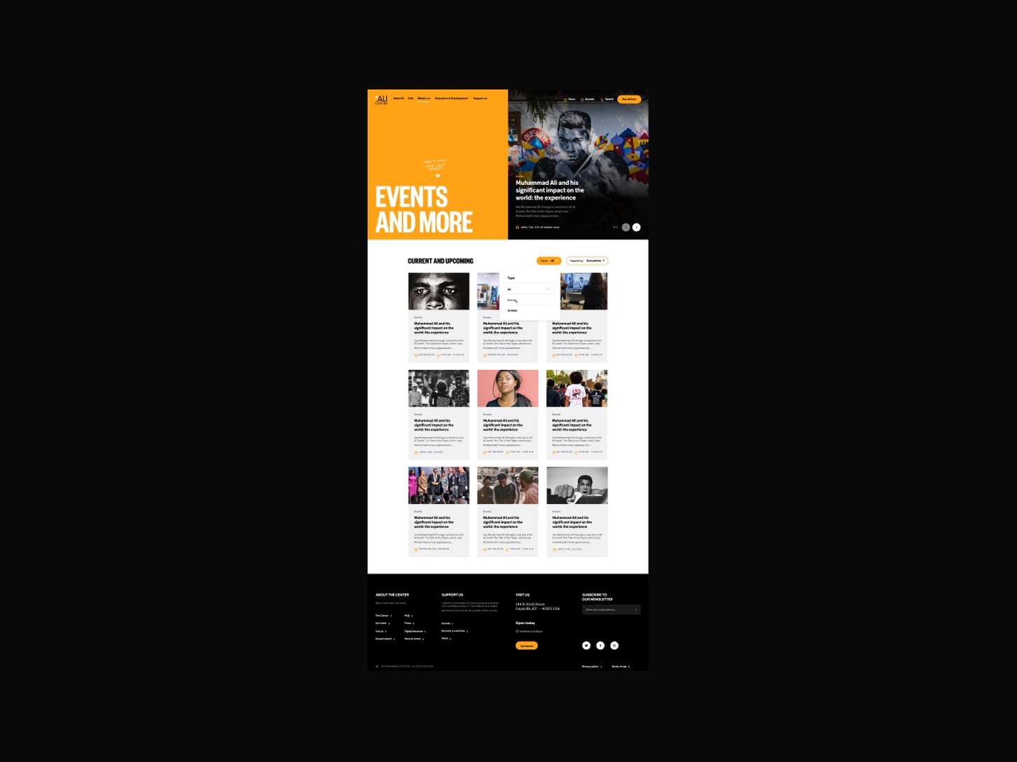 Full-length web page layout design detailing an interactive museum events index with dropdown filter menus and a clean, responsive card component grid system.