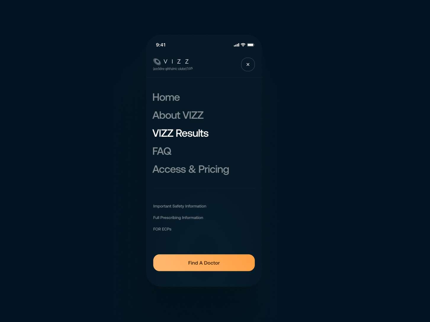 A dark mode mobile interface design mockup showing an open hamburger menu state, featuring stacked typography links like "Home" and "About VIZZ," and an orange call-to-action button at the bottom.