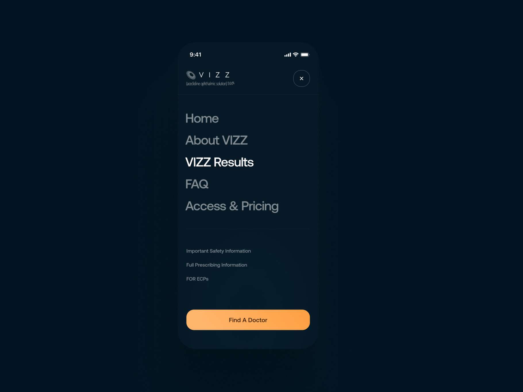 A dark mode mobile interface design mockup showing an open hamburger menu state, featuring stacked typography links like "Home" and "About VIZZ," and an orange call-to-action button at the bottom.