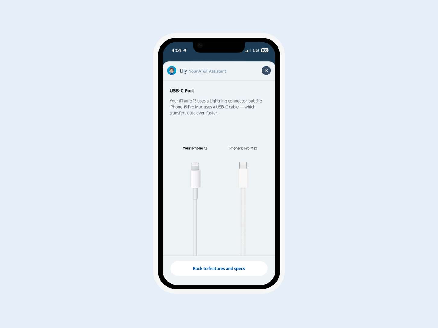 A customer support mobile interface design showcasing a side-by-side comparison diagram of hardware charging cables.