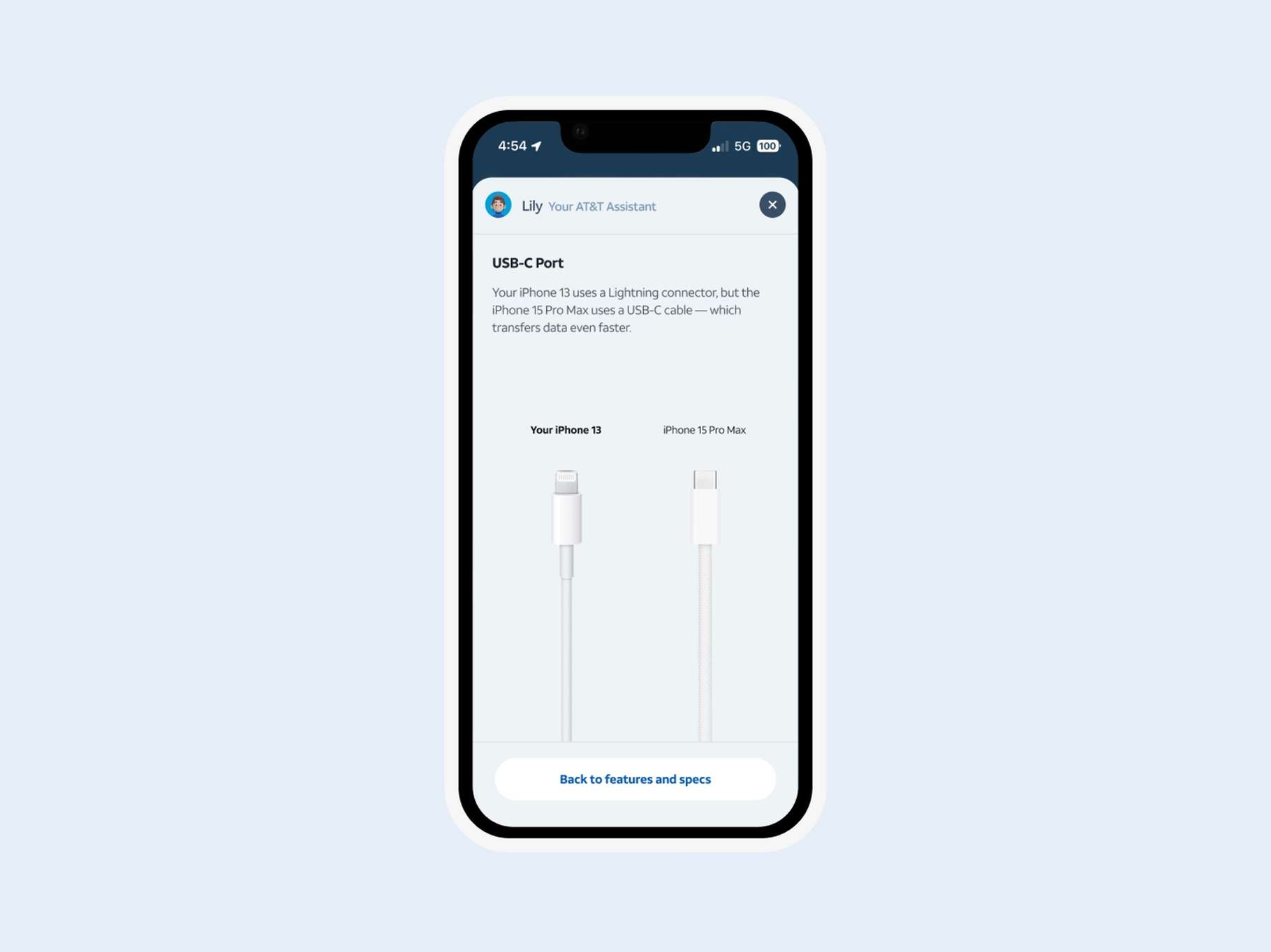 A customer support mobile interface design showcasing a side-by-side comparison diagram of hardware charging cables.