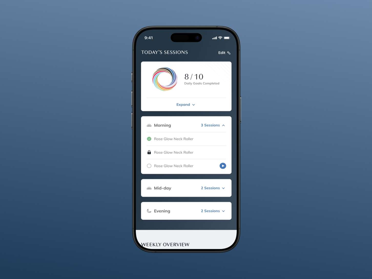 A dark-themed lifestyle progress dashboard tracking completed daily health goals with clean accordion sections for chronological time blocks.