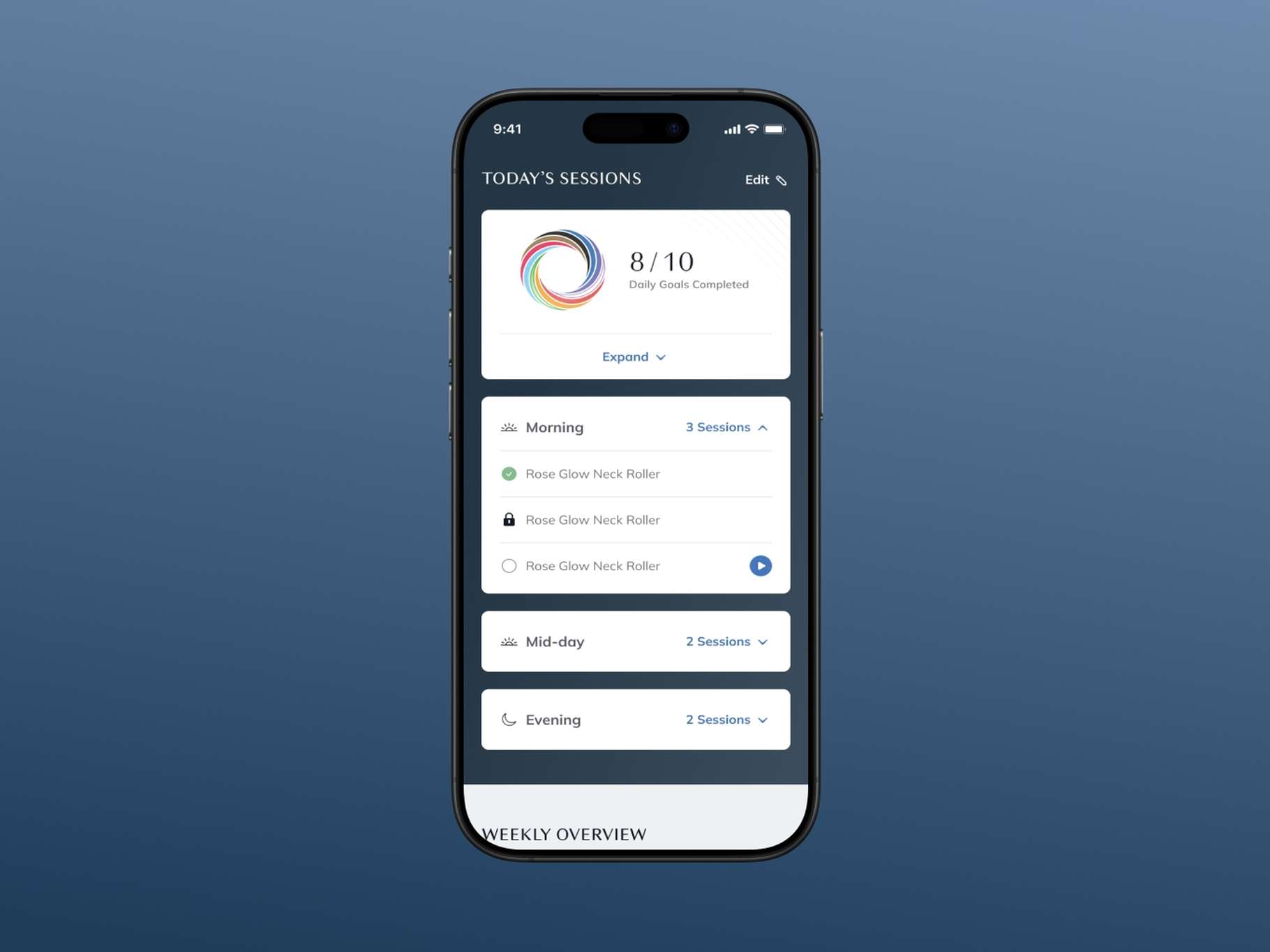 A dark-themed lifestyle progress dashboard tracking completed daily health goals with clean accordion sections for chronological time blocks.
