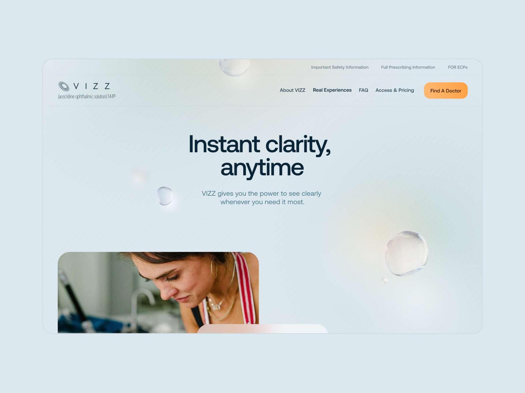 Website promoting VIZZ eye solution, with a slogan "Instant clarity, anytime" and a smiling person in the lower section.