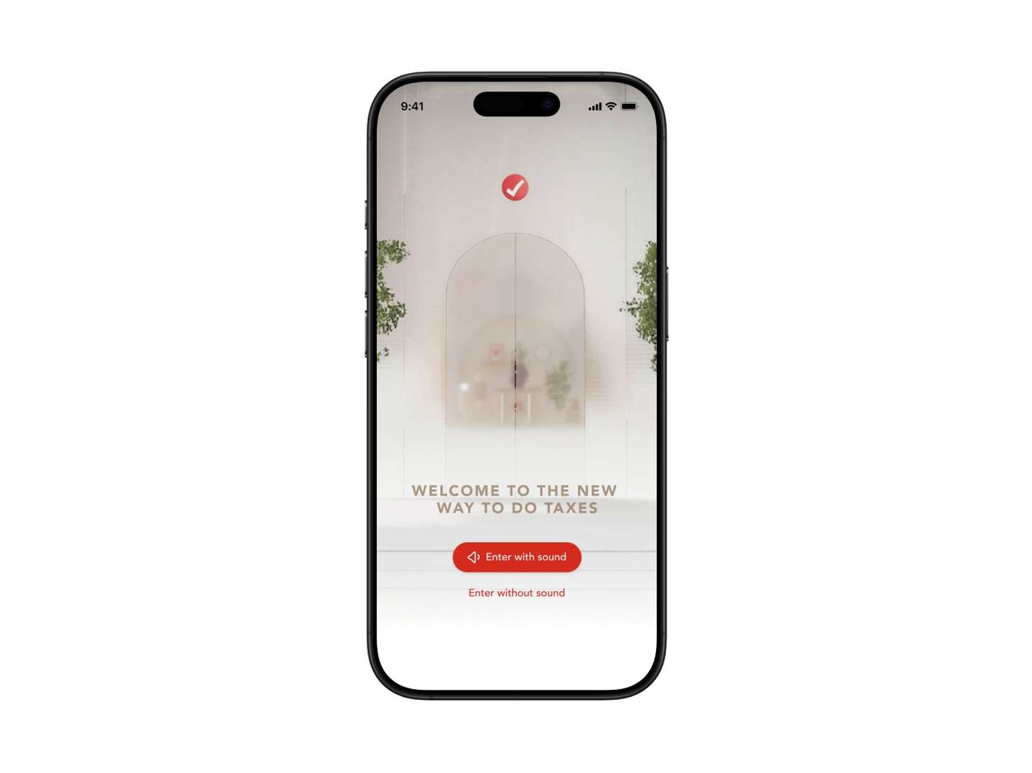 A clean mobile UI design for an onboarding splash screen featuring an editorial layout, brand checkmark icon, and clear call-to-action buttons.