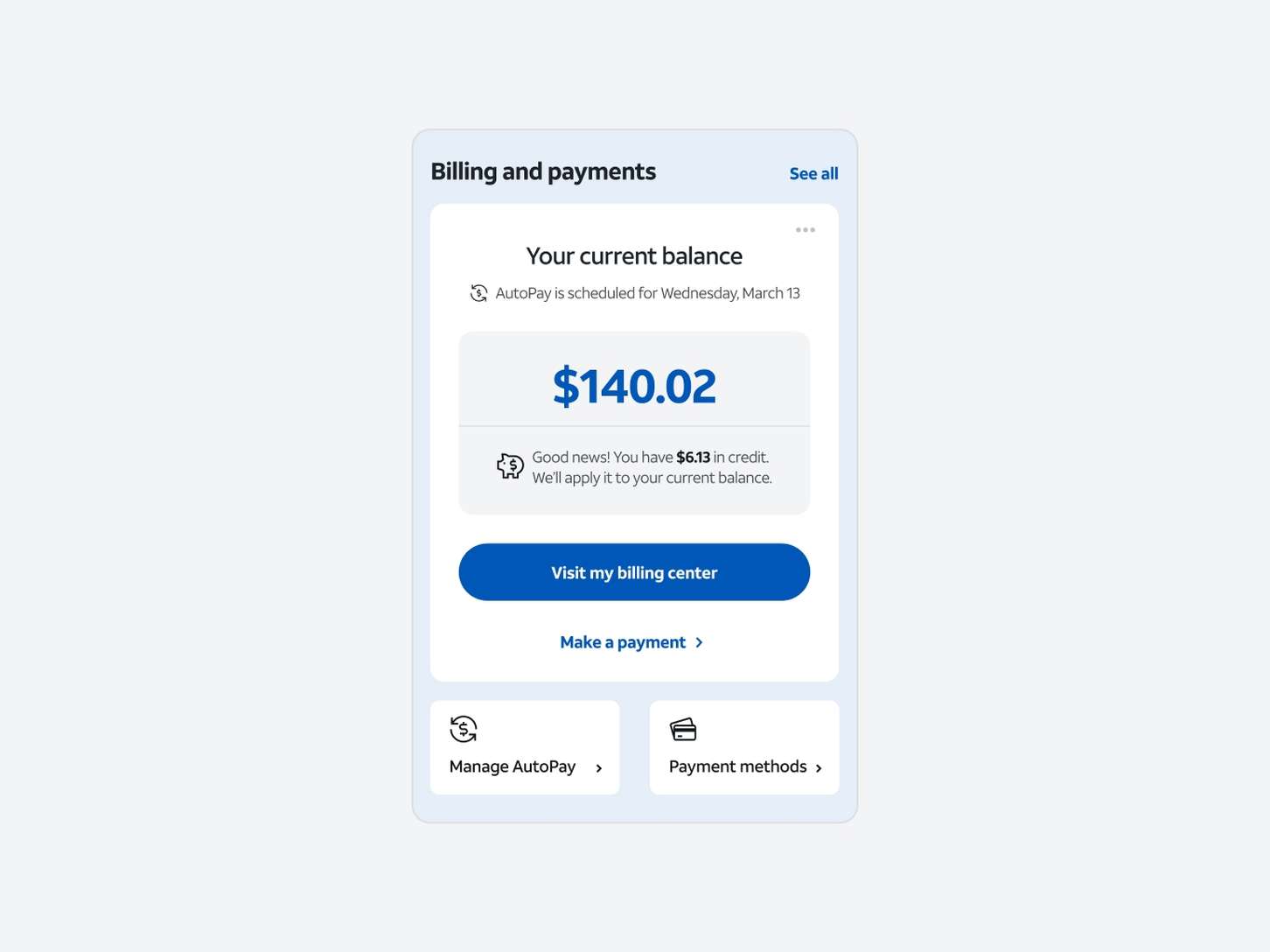 A clean user interface design card detailing account billing information, balance summaries, text links, and interactive sub-navigation blocks.