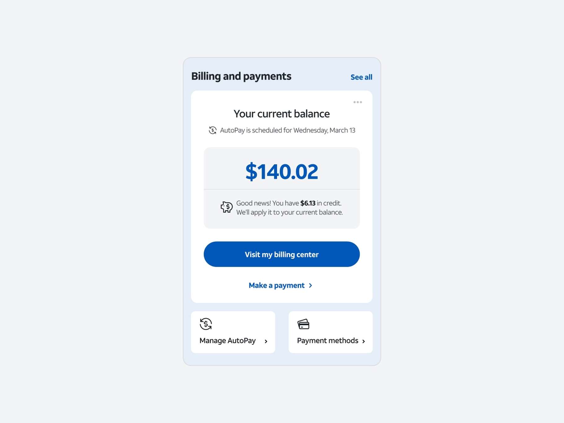 A clean user interface design card detailing account billing information, balance summaries, text links, and interactive sub-navigation blocks.