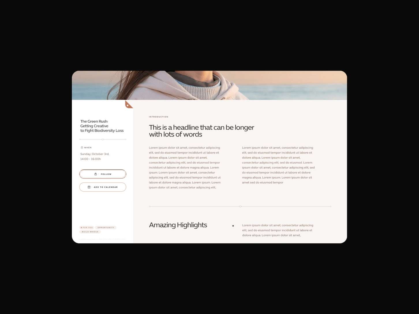 A clean editorial blog post user interface layout featuring a structured side information drawer, placeholder text columns, and highlighted summary sections.