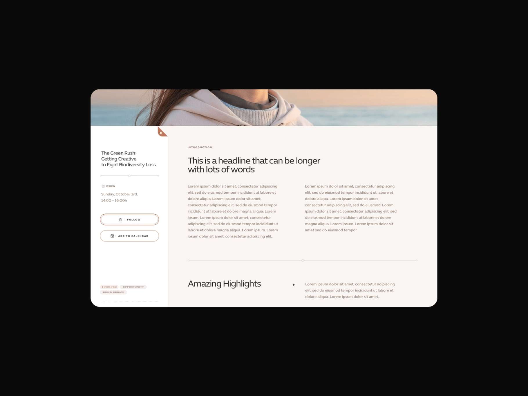 A clean editorial blog post user interface layout featuring a structured side information drawer, placeholder text columns, and highlighted summary sections.