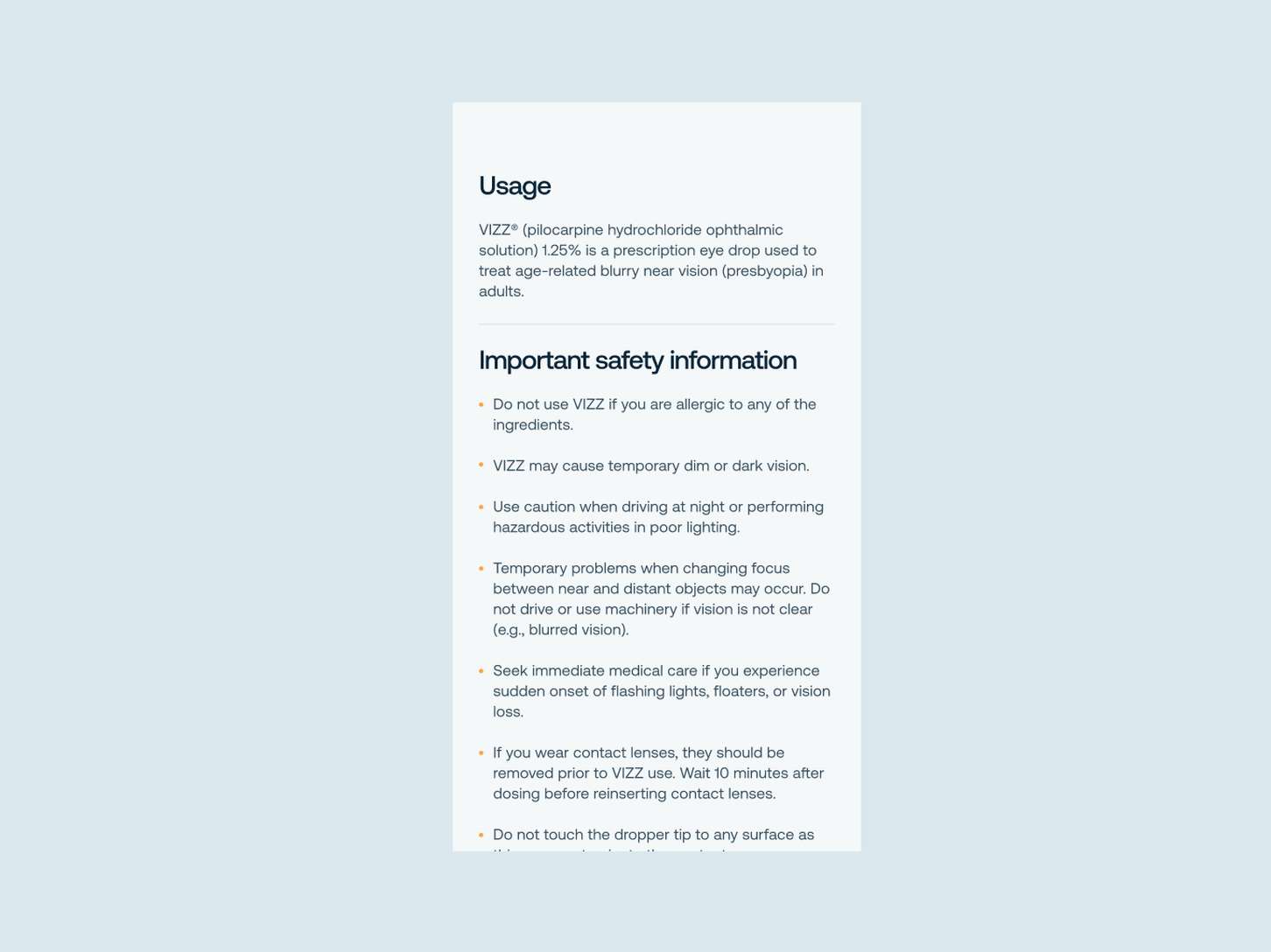 UI layout element for the VIZZ platform mobile site. The screen shows essential clinical details, including prescription use information for treating presbyopia and a scrollable list of important safety warnings for patients.