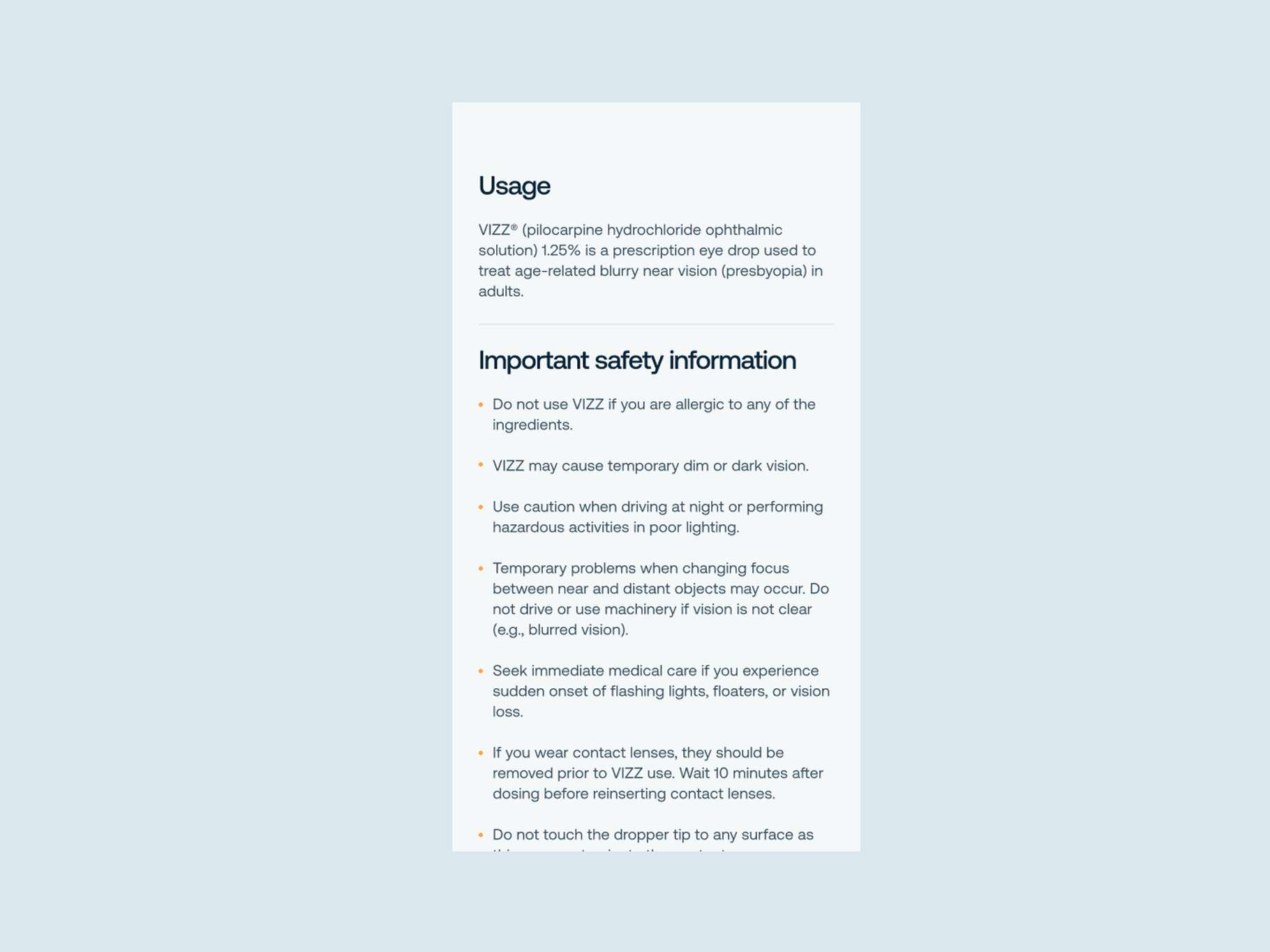 UI layout element for the VIZZ platform mobile site. The screen shows essential clinical details, including prescription use information for treating presbyopia and a scrollable list of important safety warnings for patients.