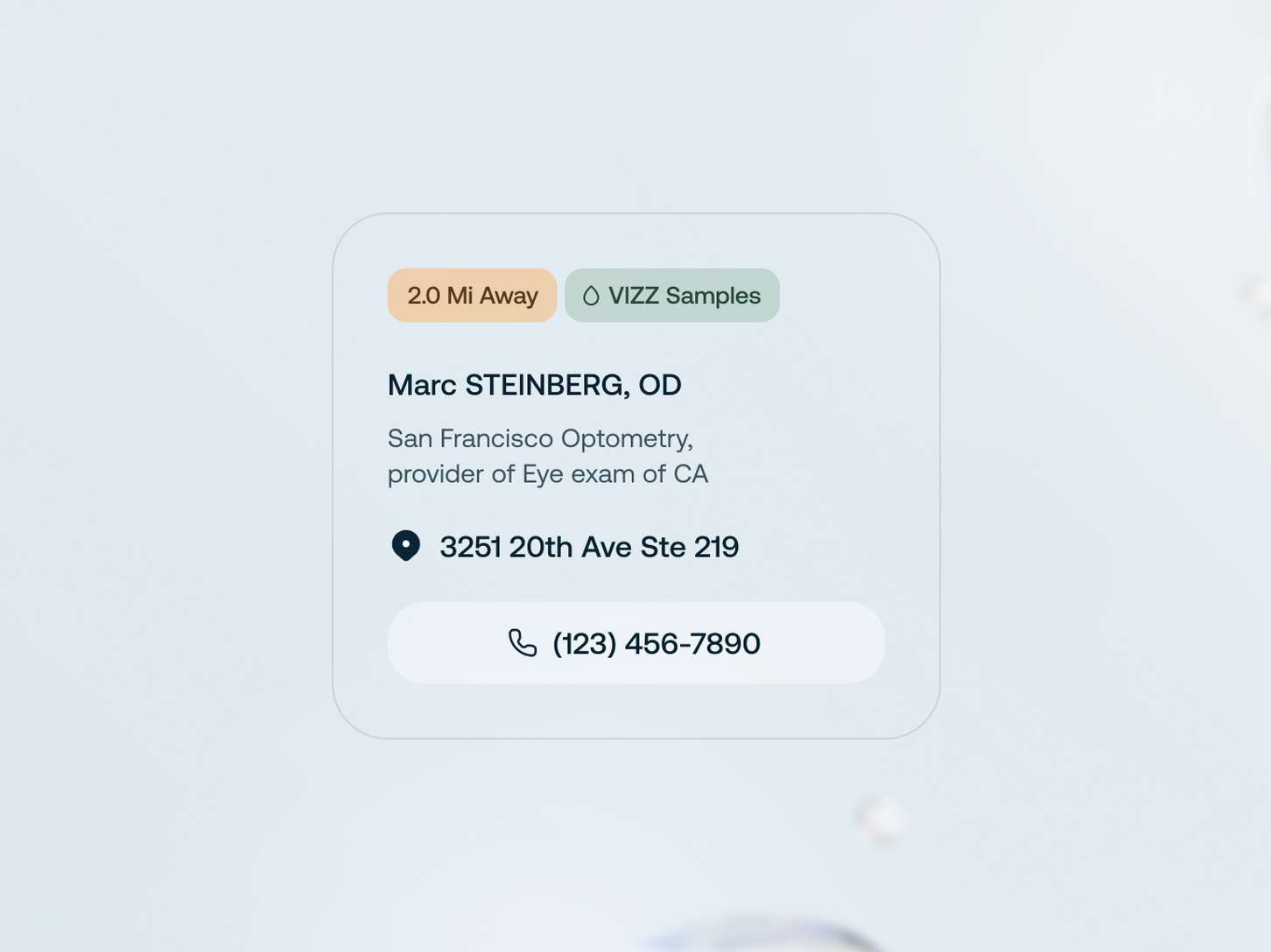 A minimalist doctor directory card UI component on a light background, displaying a physician's name, practice information, address, and a call-to-action phone number button.