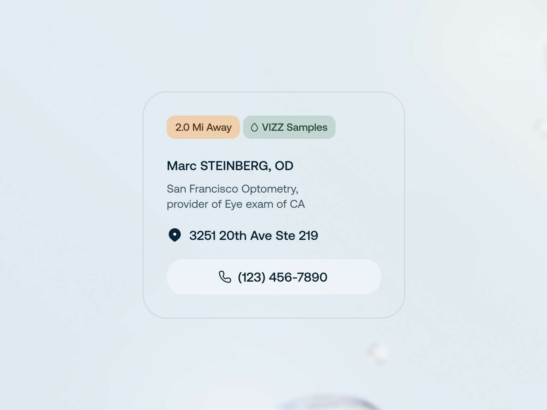 A minimalist doctor directory card UI component on a light background, displaying a physician's name, practice information, address, and a call-to-action phone number button.