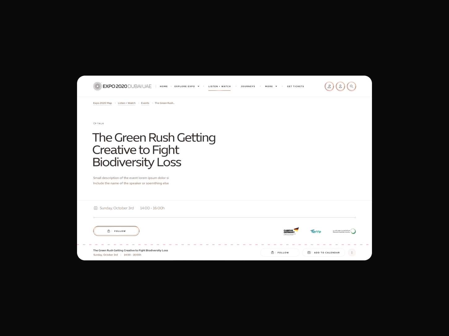 A desktop event schedule UI wireframe emphasizing a minimalist layout, clear text hierarchy, and integrated scheduling quick-links.