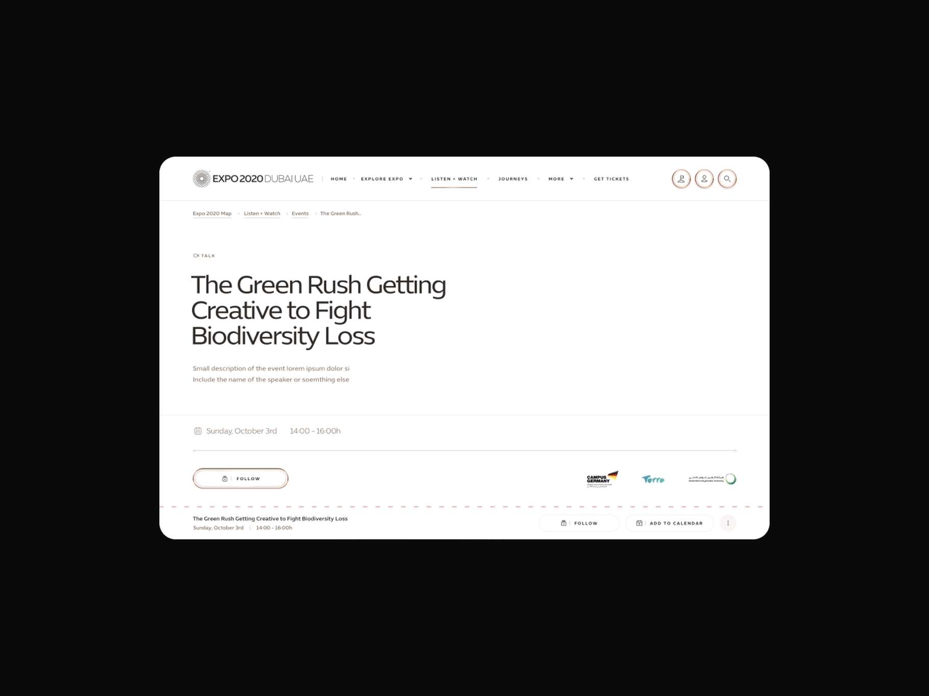 A desktop event schedule UI wireframe emphasizing a minimalist layout, clear text hierarchy, and integrated scheduling quick-links.