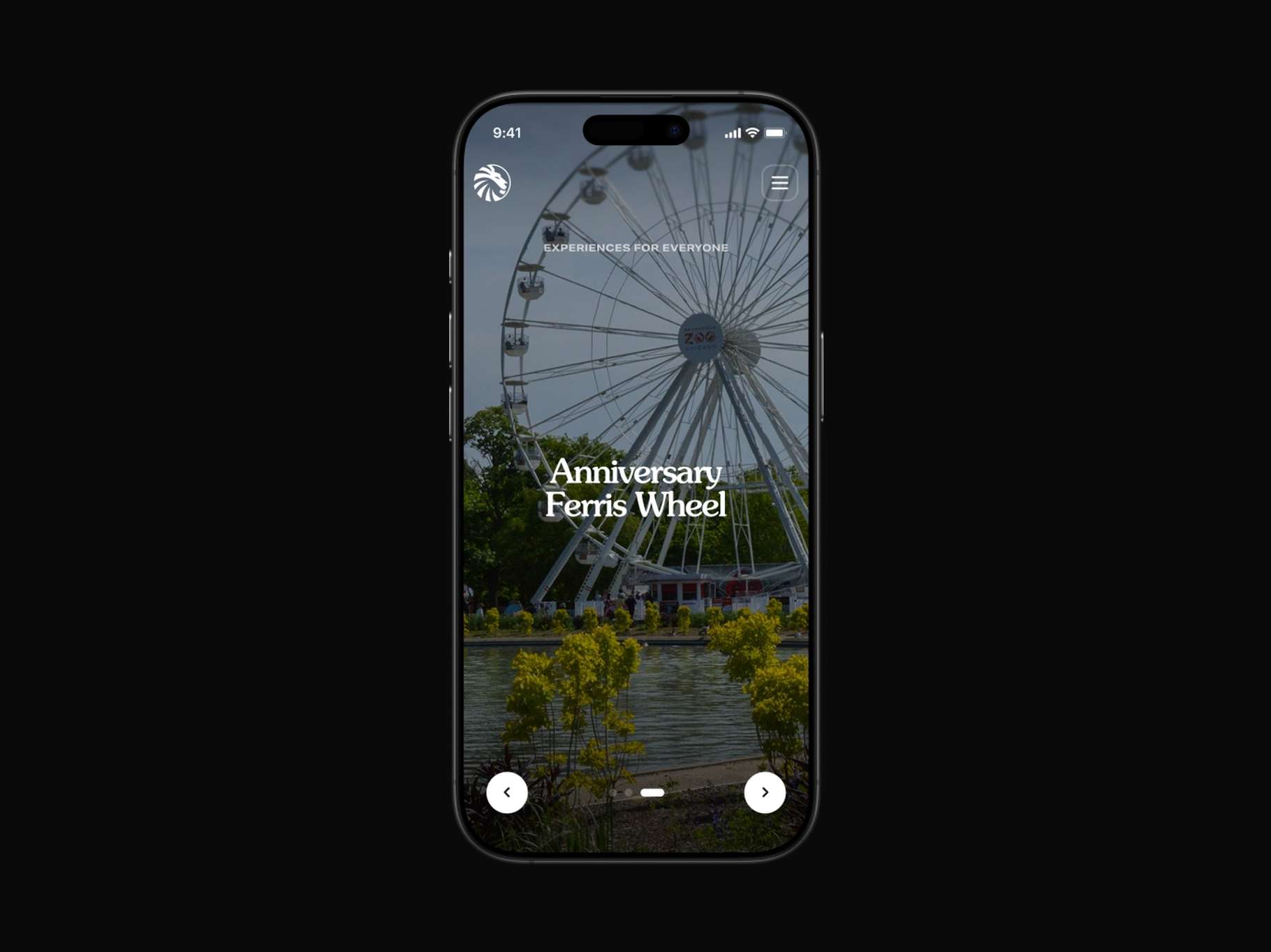 Mobile application interface card showing an experiential attraction feature screen with an overlaid editorial heading over a scenic amusement park wheel photo background.