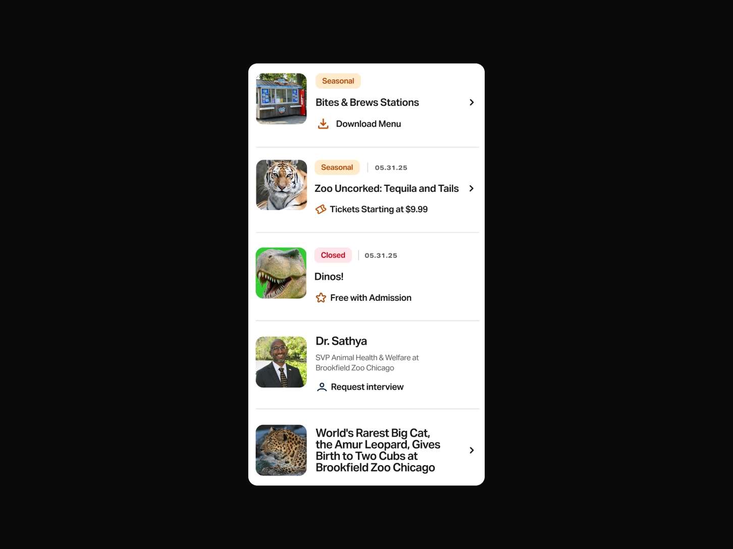 A single UI mobile listing module containing stacked informational rows, interactive chevron arrows, and distinct category pill tags.