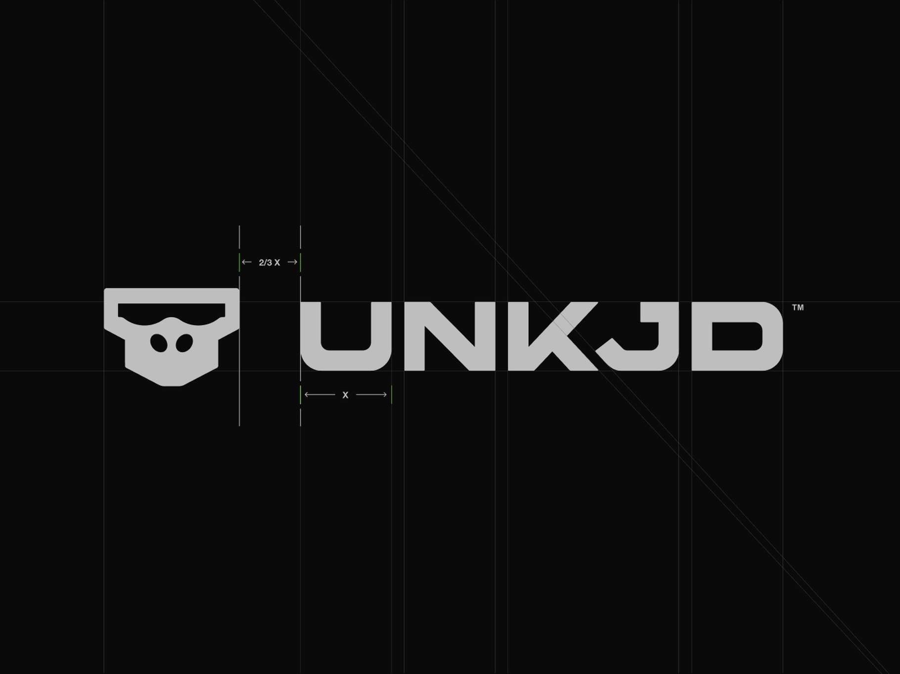 Logo design system blueprint showing the exact spatial relationship, alignment grid, and proportions between a stylized monkey mascot icon and its accompanying block typography.