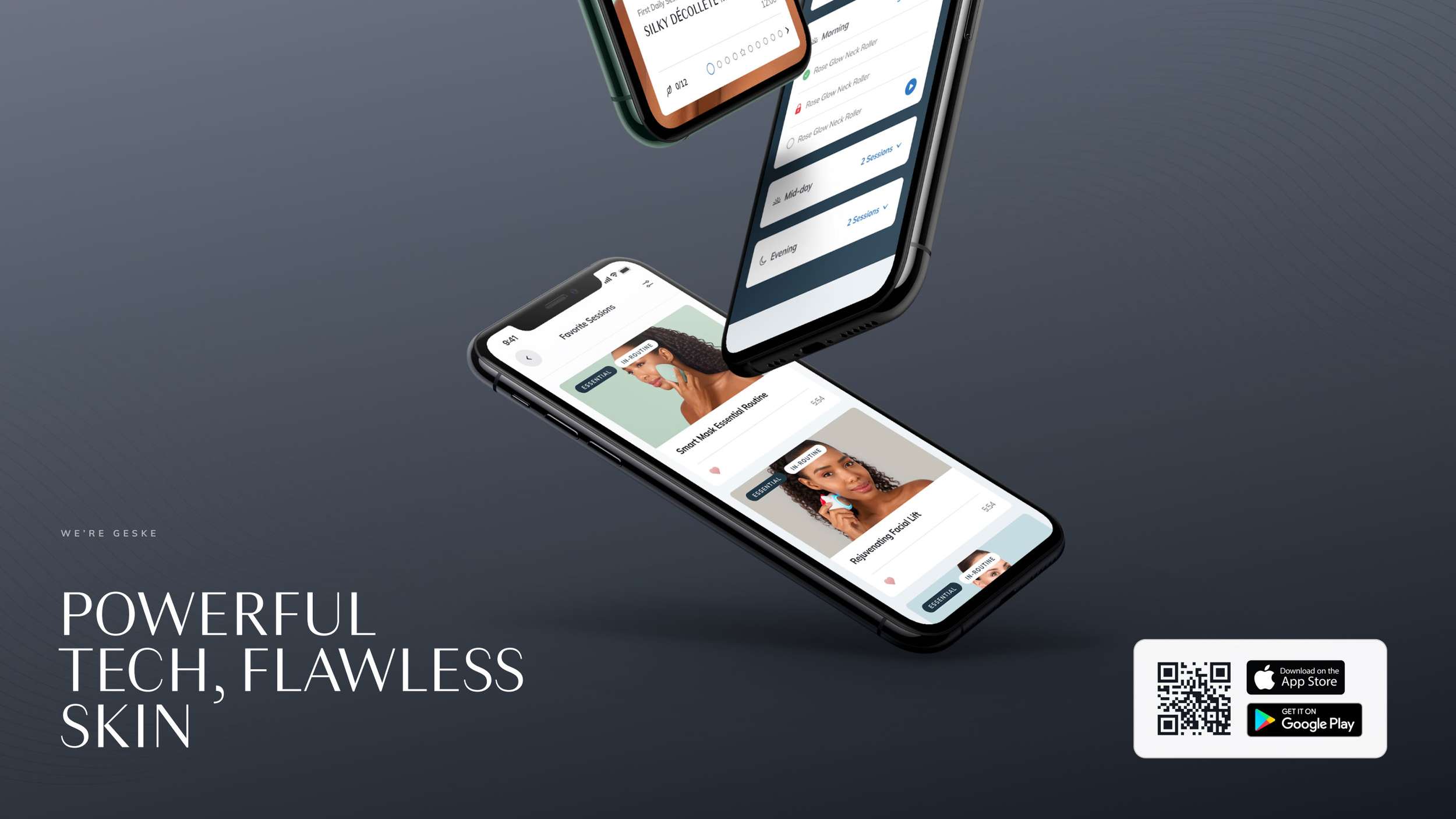 A premium promotional web banner layout featuring angled multi-device mobile mockups, minimalist brand copy, and digital app download store badges.