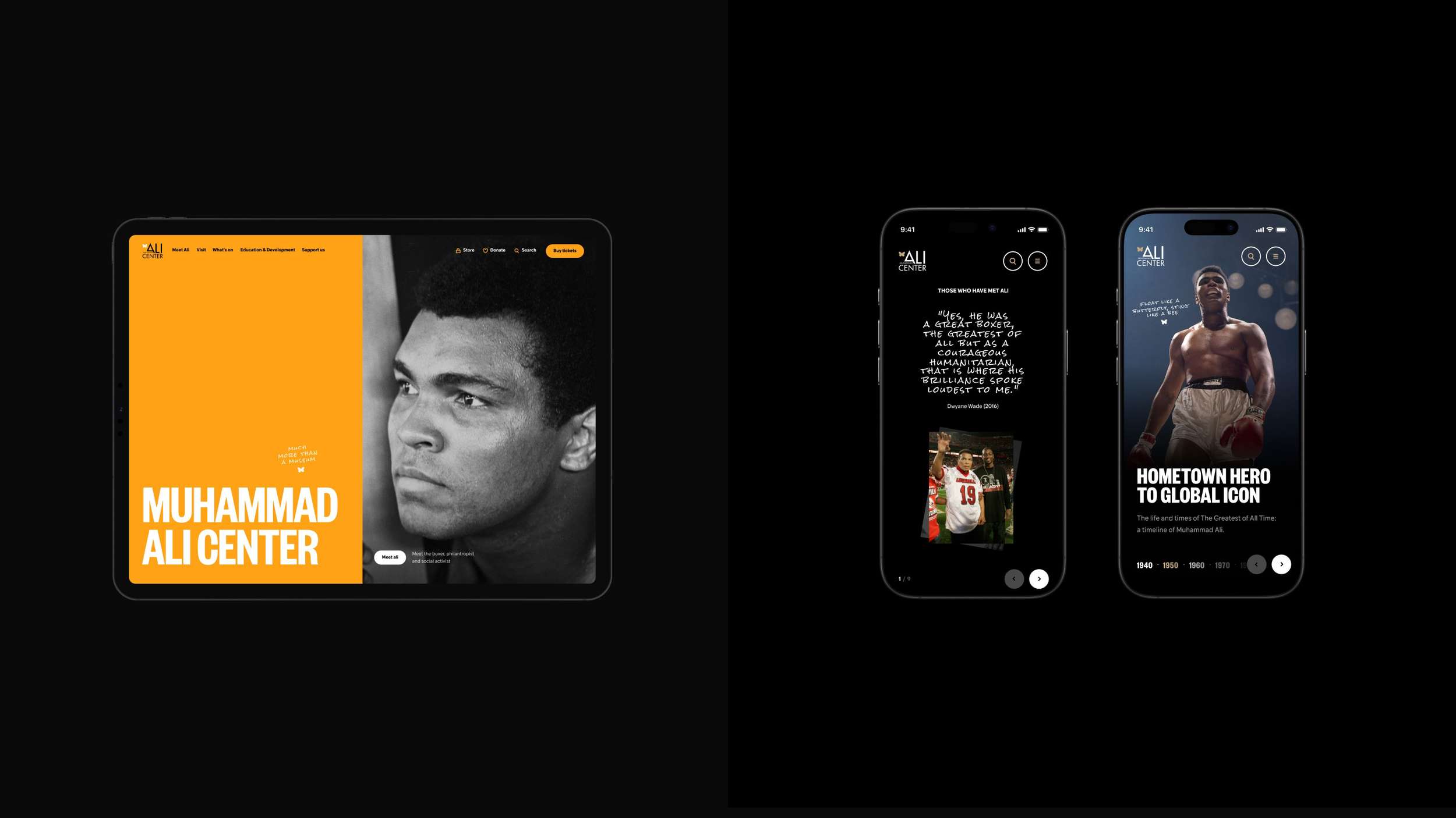A multi-device UI/UX design showcase featuring tablet and mobile layouts for a museum website, highlighting a high-contrast color palette of orange, white, and dark charcoal backgrounds combined with historic black-and-white sports photography.